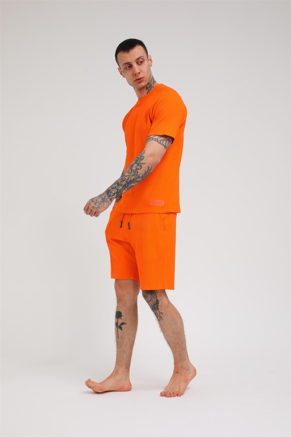 R-5257 REGLAN KOLLU WAFFLE ŞORTLU TAKIM