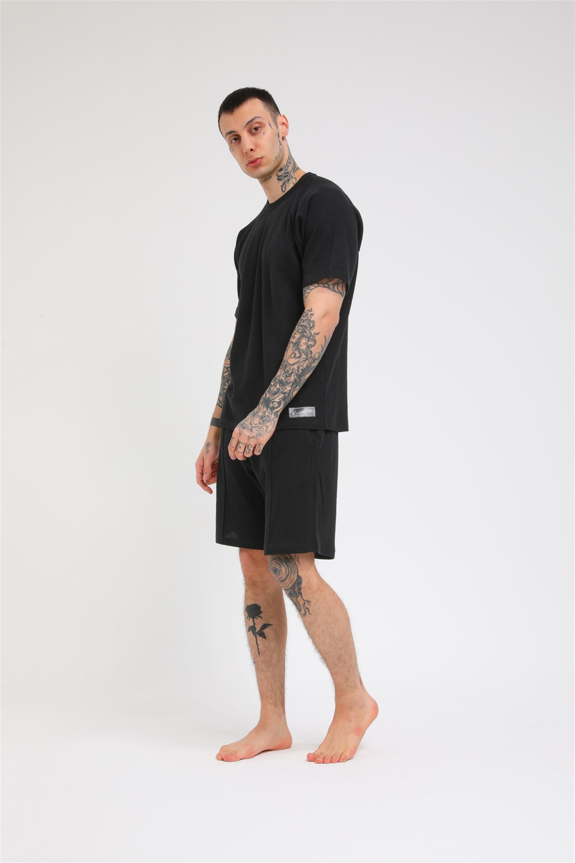 R-5257 REGLAN KOLLU WAFFLE ŞORTLU TAKIM