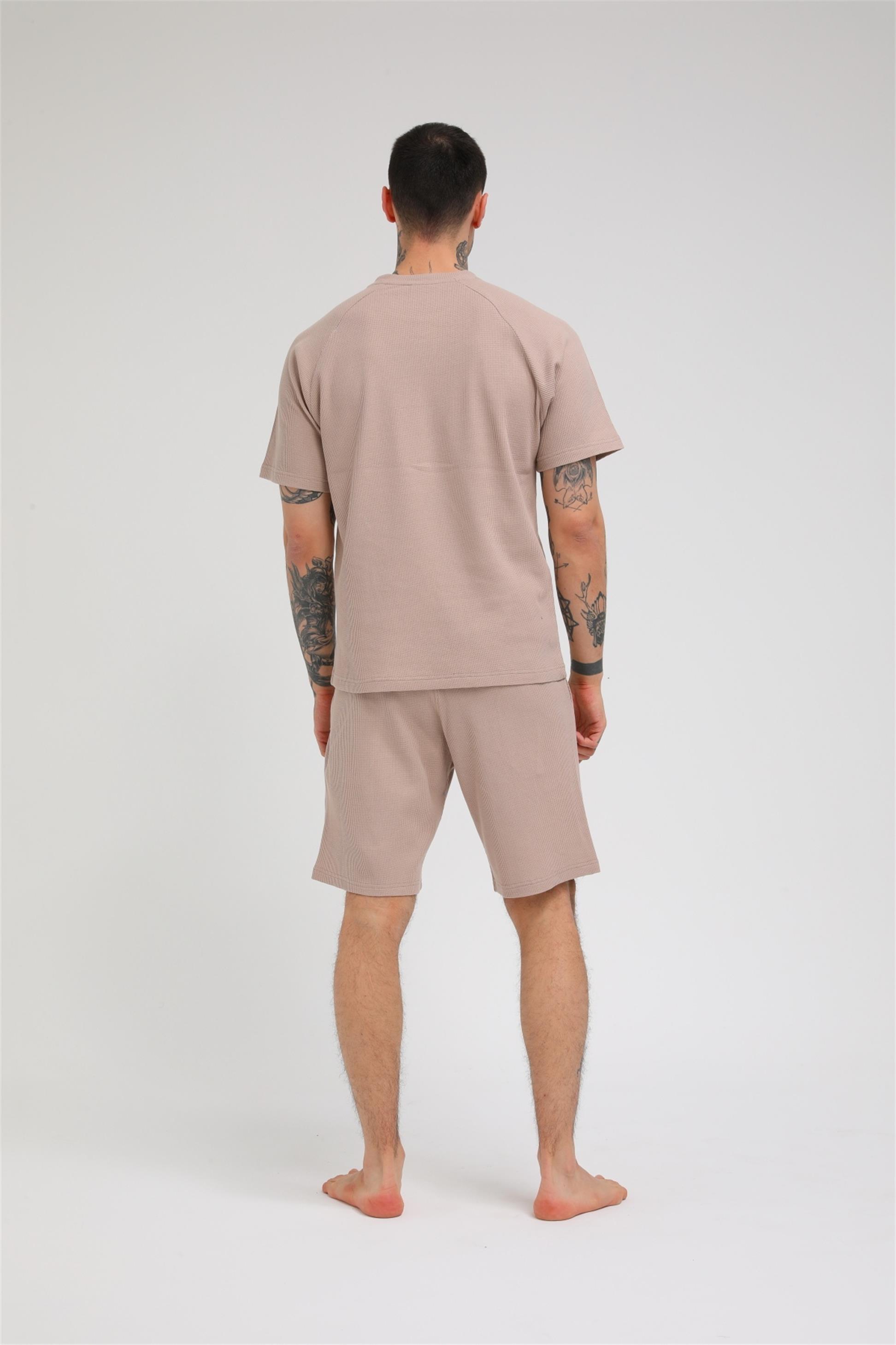 R-5257 REGLAN KOLLU WAFFLE ŞORTLU TAKIM