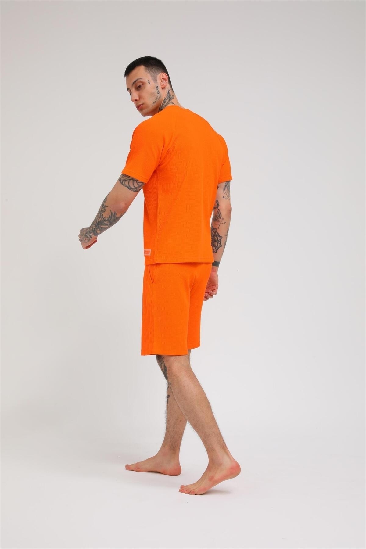R-5257 REGLAN KOLLU WAFFLE ŞORTLU TAKIM