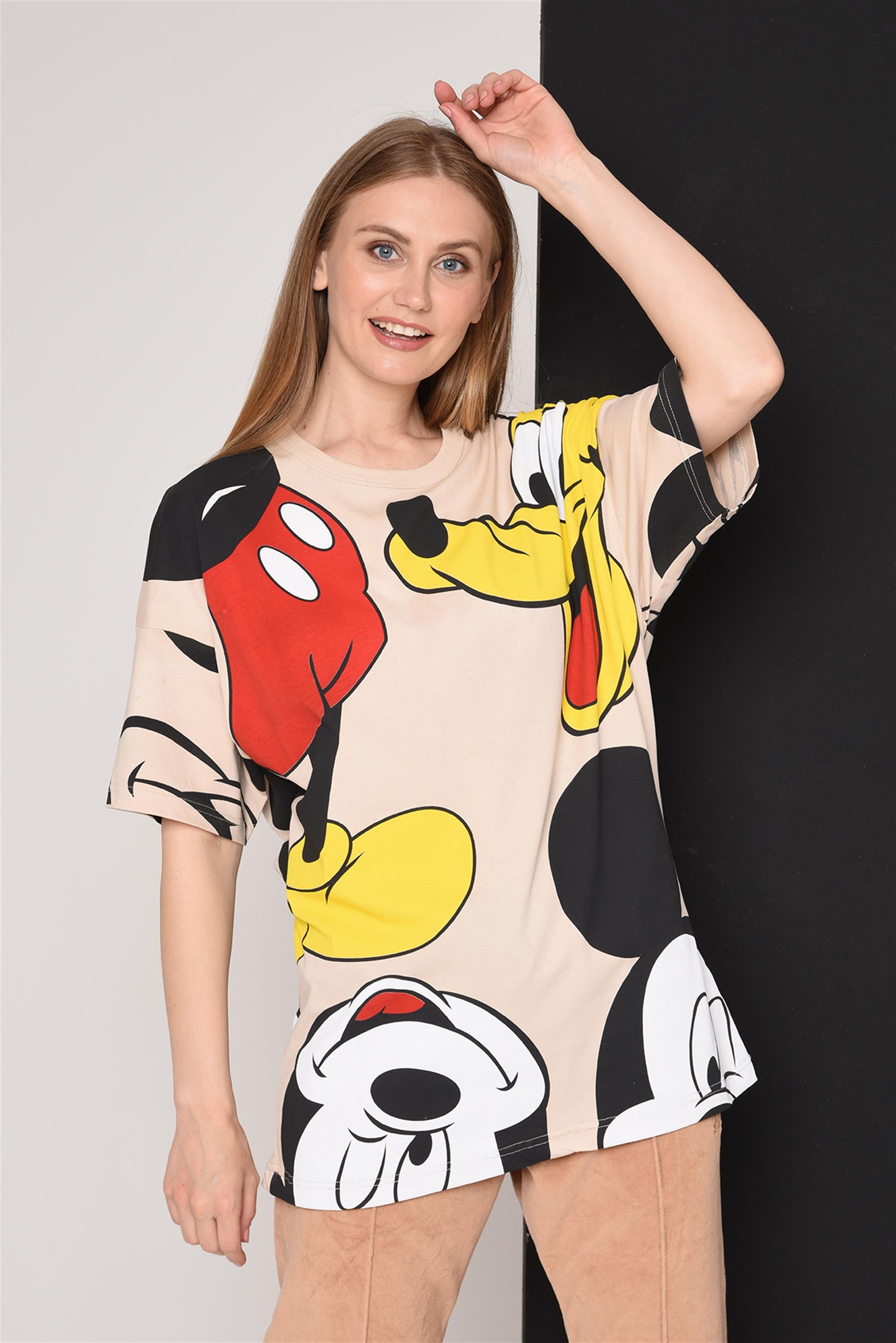 R-5281 OVERSİZE MİCKEY AND DOG  BASKILI T-SHİRT
