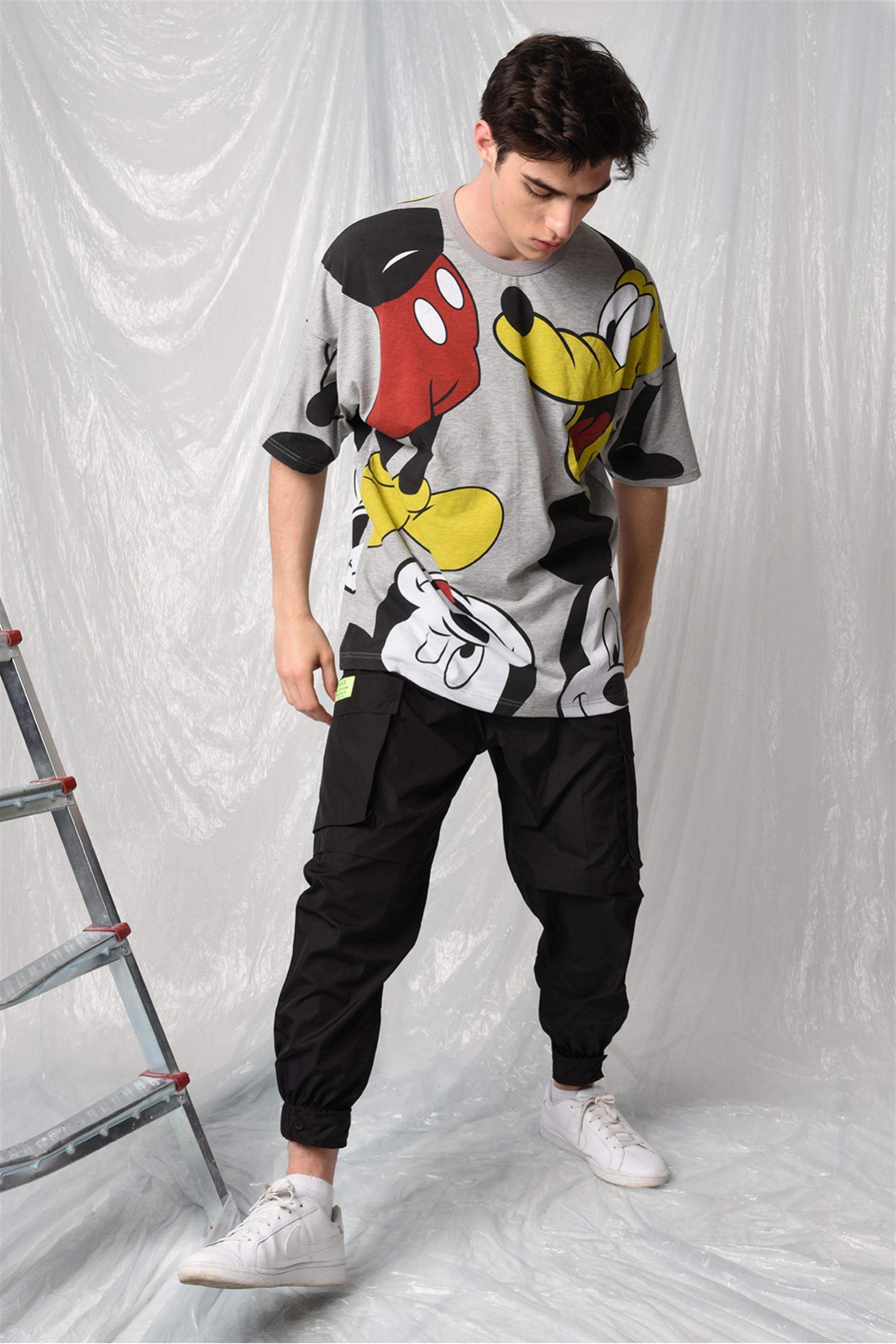 R-5281 OVERSİZE MİCKEY AND DOG  BASKILI T-SHİRT