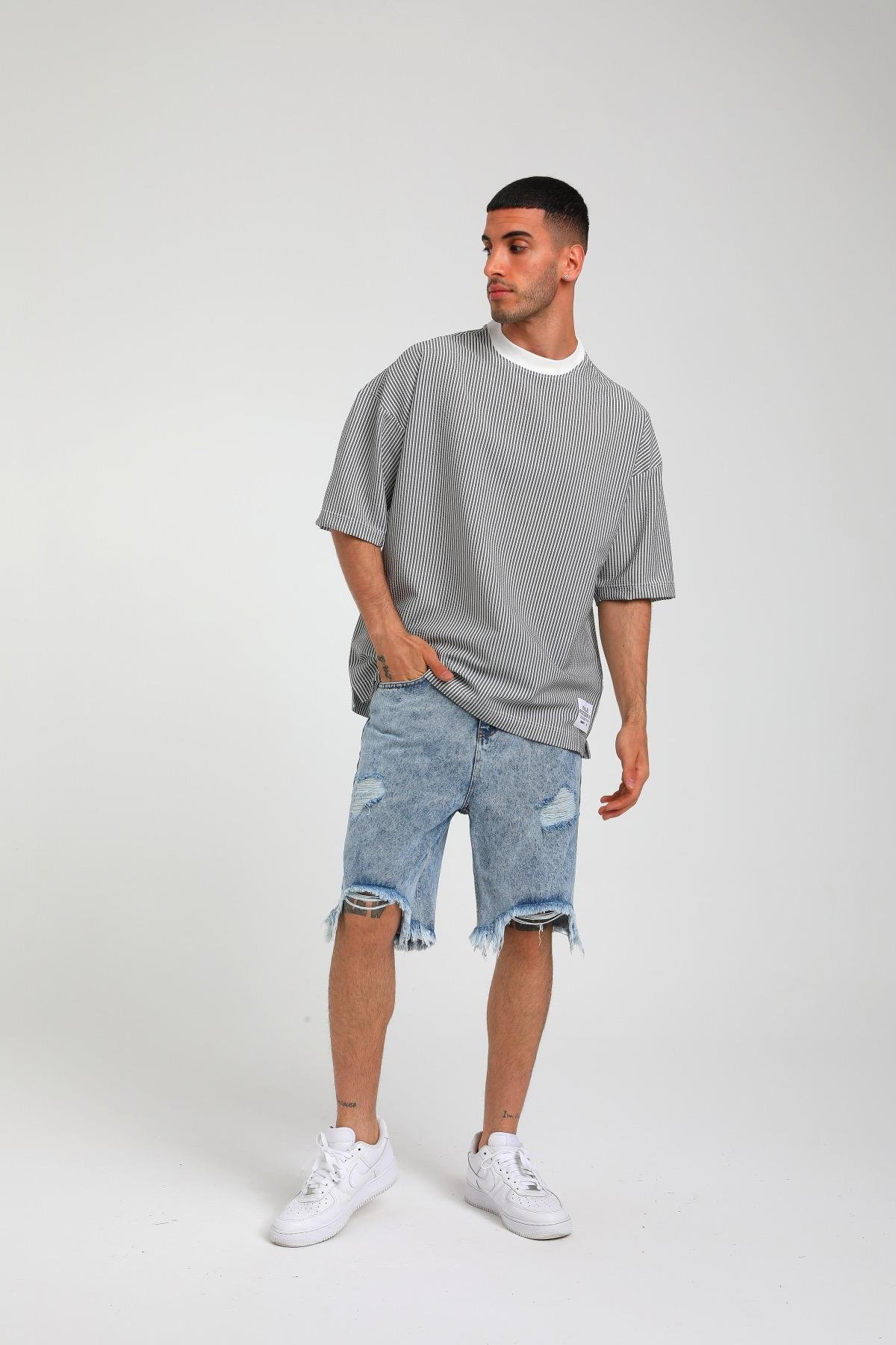 R-5414 YAKASI RİBANALI ÇİZGİLİ T-SHİRT