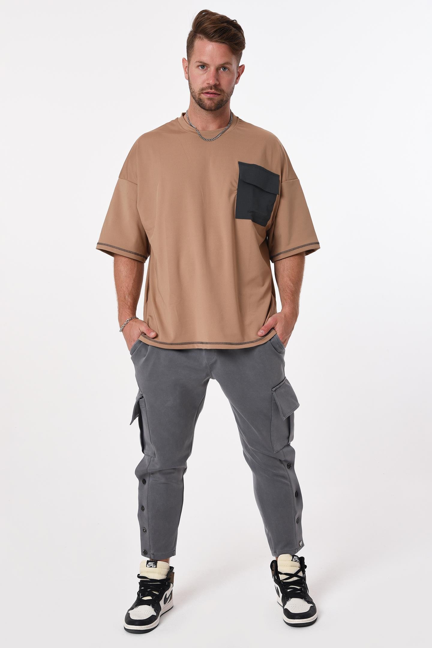 R-5547 Garni Kapaklı Cepli Karyoka Dikişli Oversize Scuba T-shirt