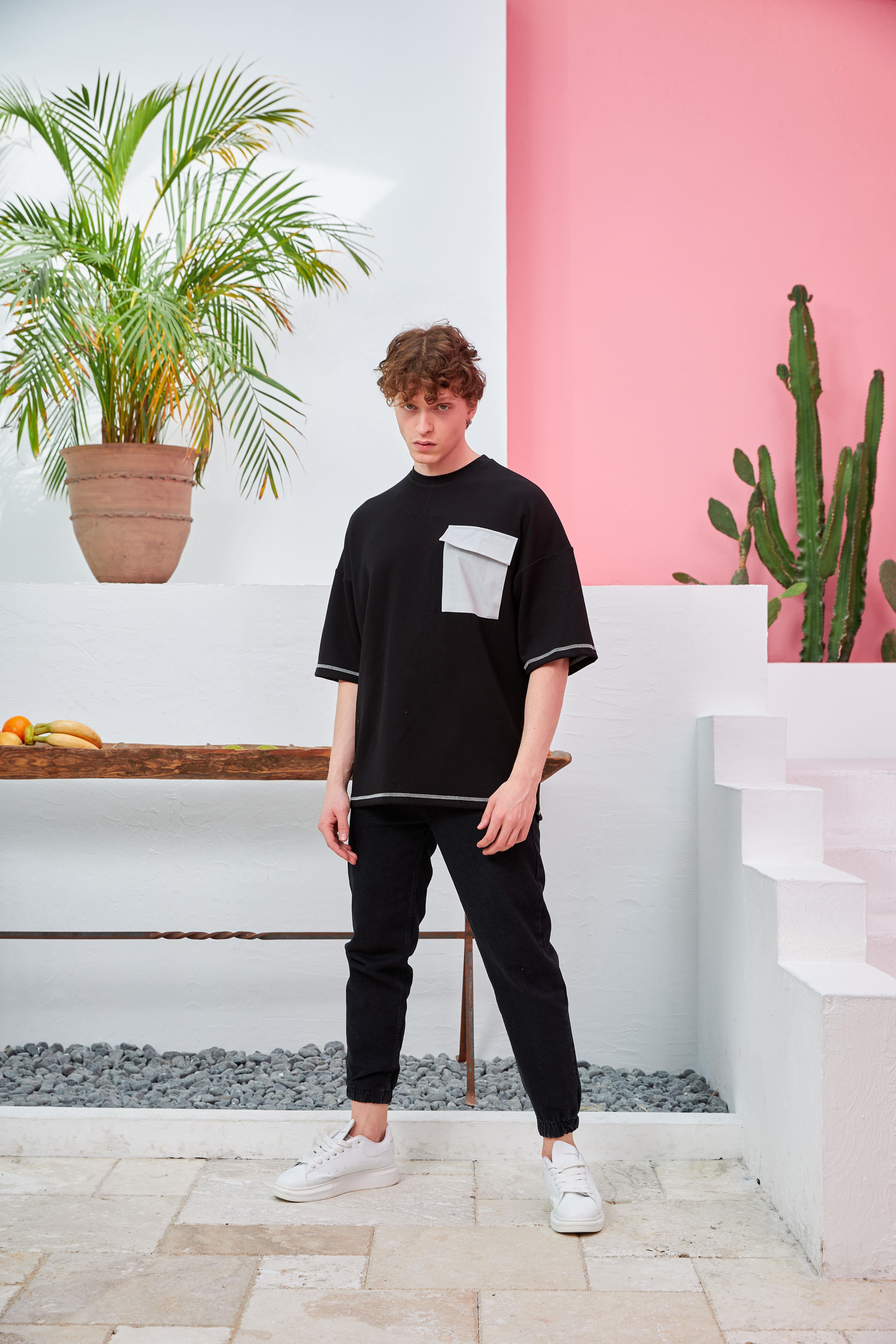 R-5547 Garni Kapaklı Cepli Karyoka Dikişli Oversize Scuba T-shirt