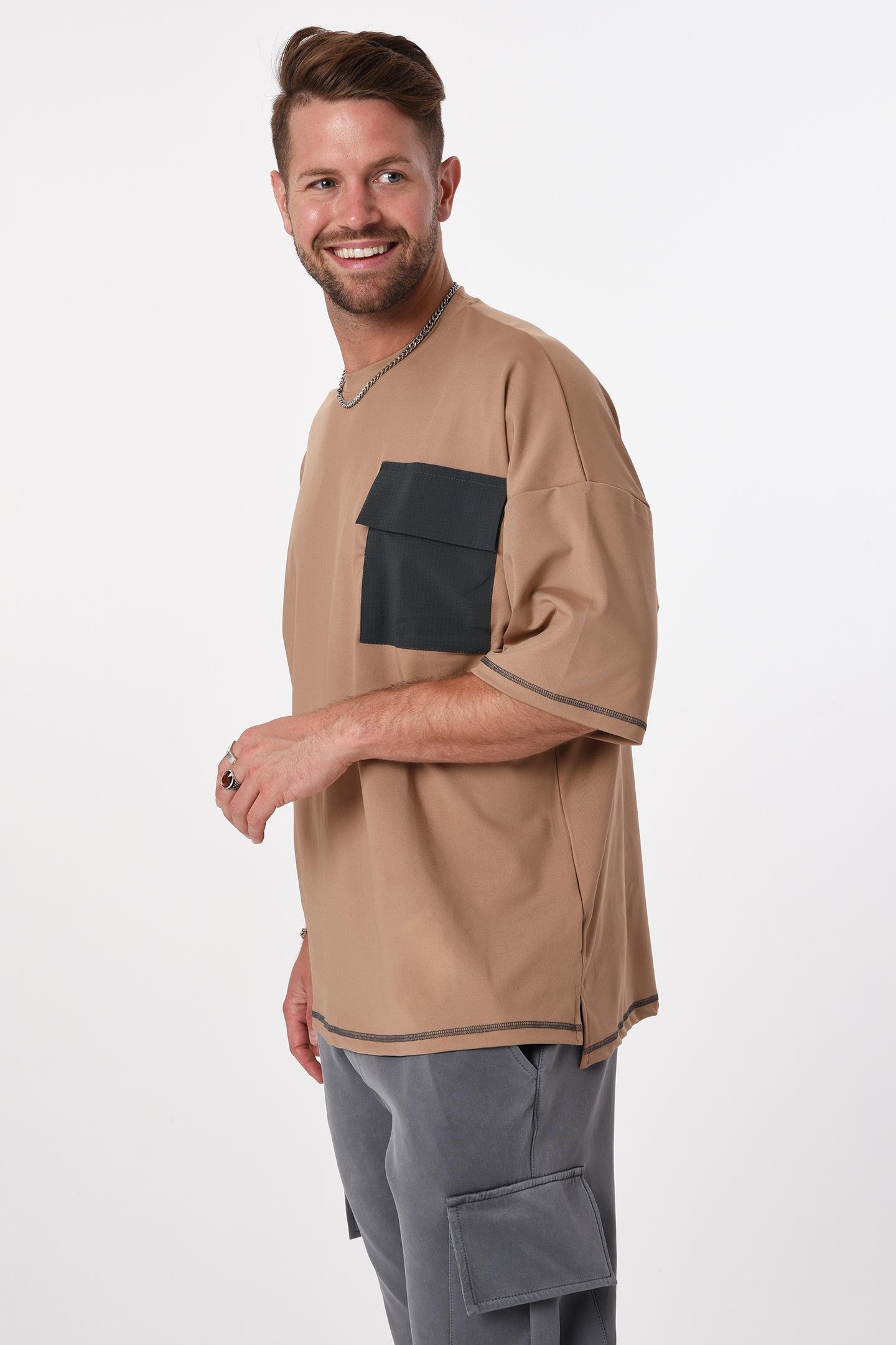 R-5547 Garni Kapaklı Cepli Karyoka Dikişli Oversize Scuba T-shirt