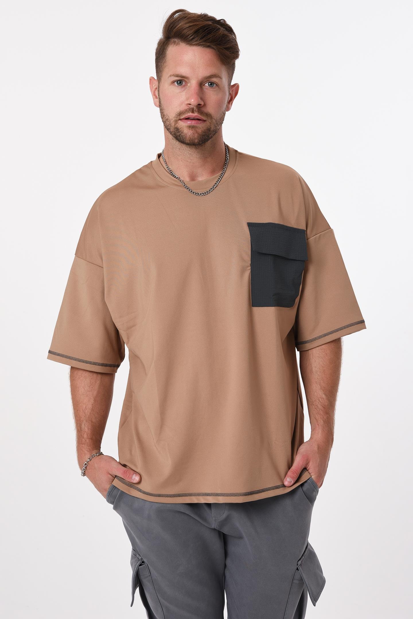 R-5547 Garni Kapaklı Cepli Karyoka Dikişli Oversize Scuba T-shirt