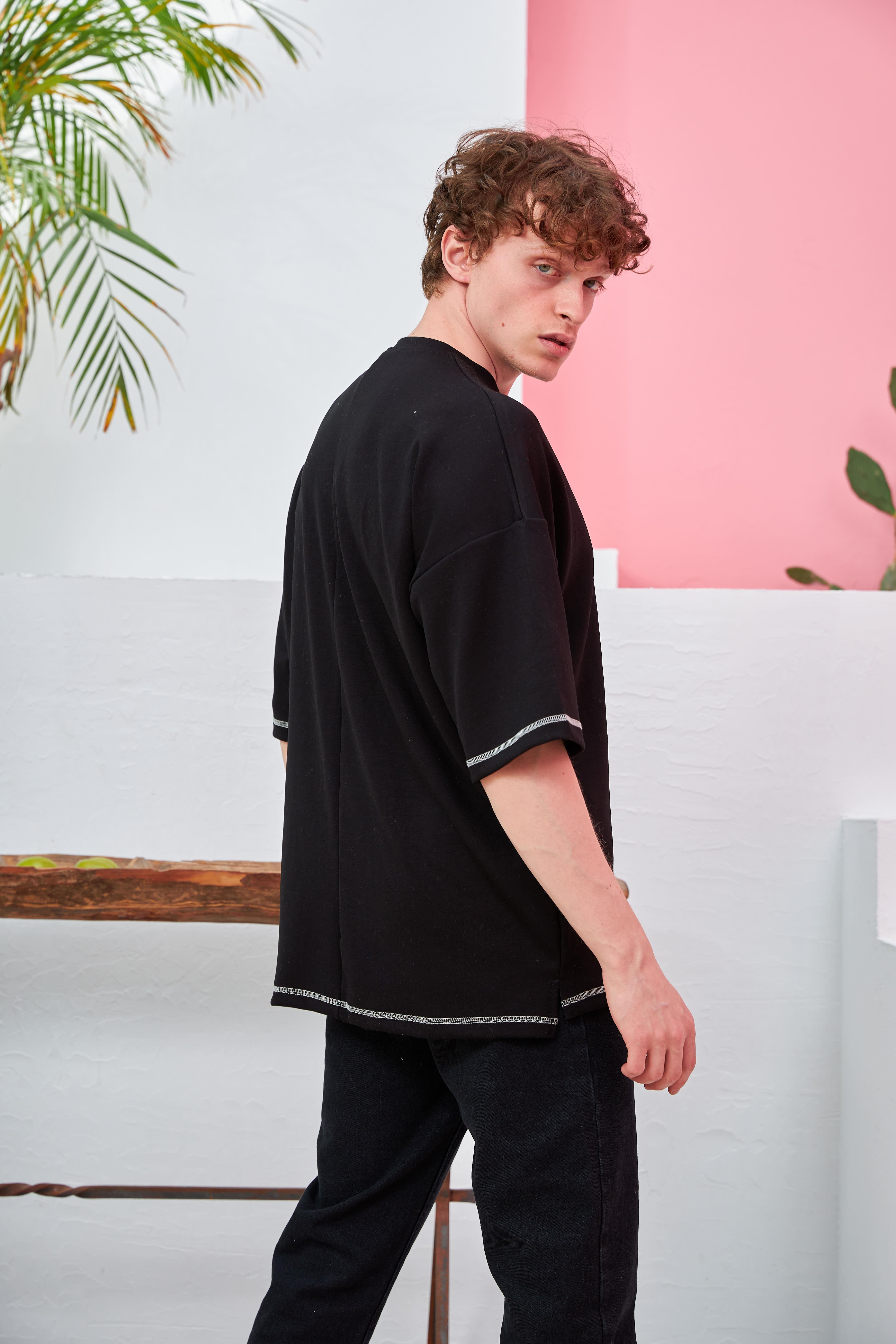 R-5547 Garni Kapaklı Cepli Karyoka Dikişli Oversize Scuba T-shirt
