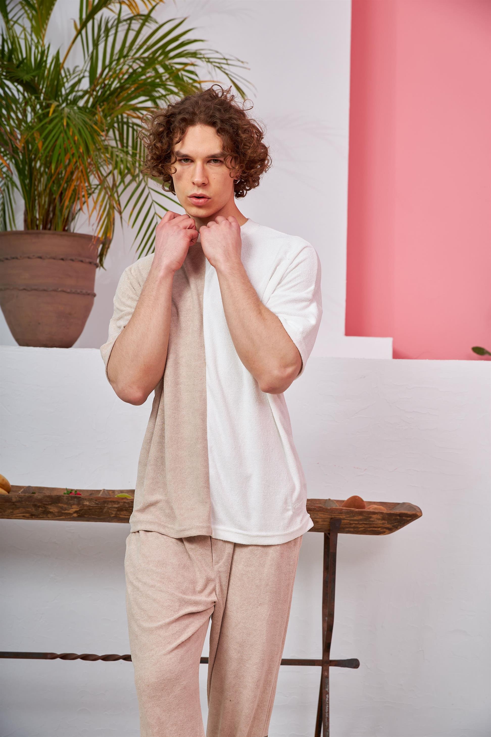 R-5565 İki Renkli Oversize Havlu Kumaş T-shirt
