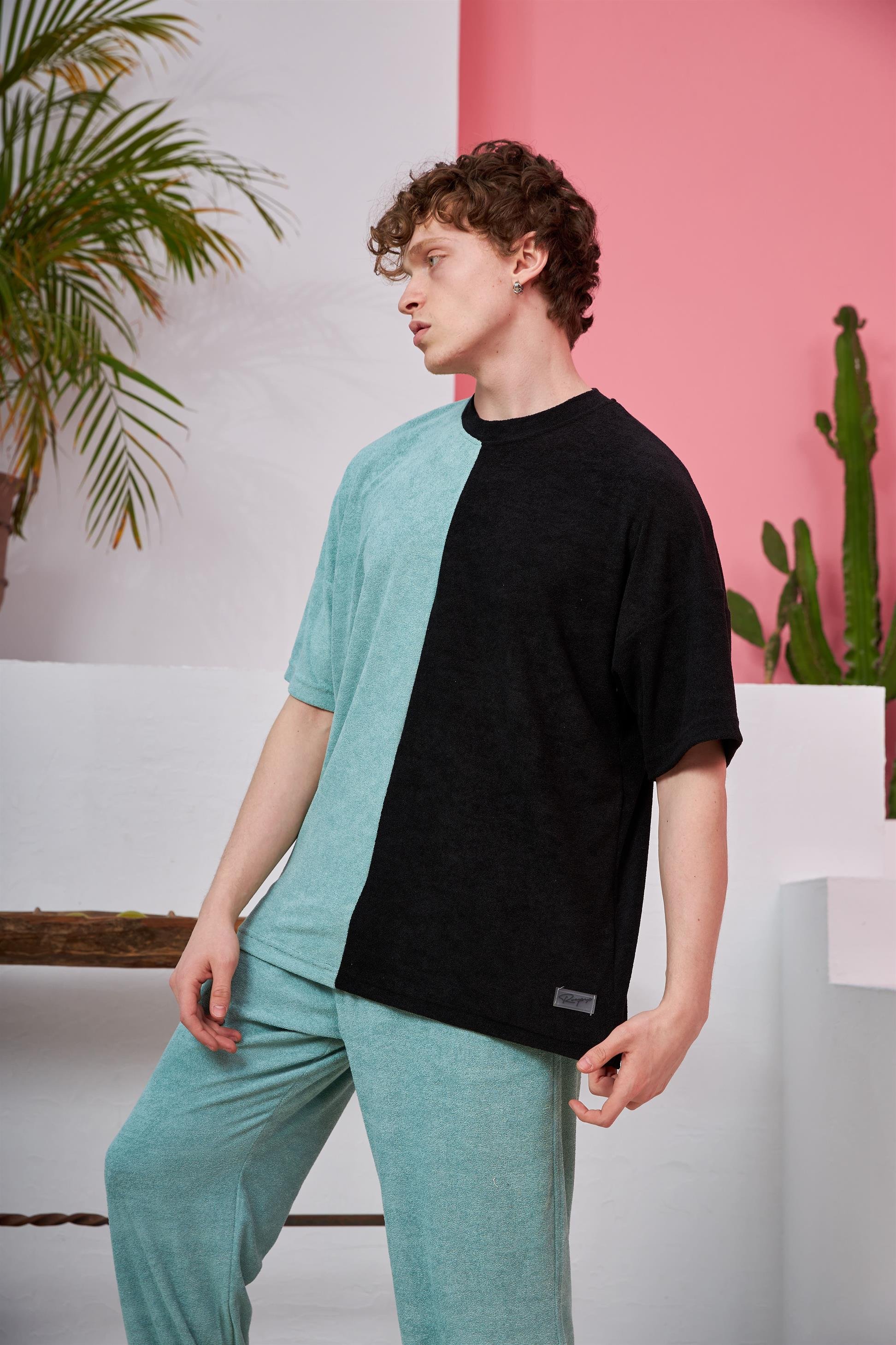 R-5565 İki Renkli Oversize Havlu Kumaş T-shirt