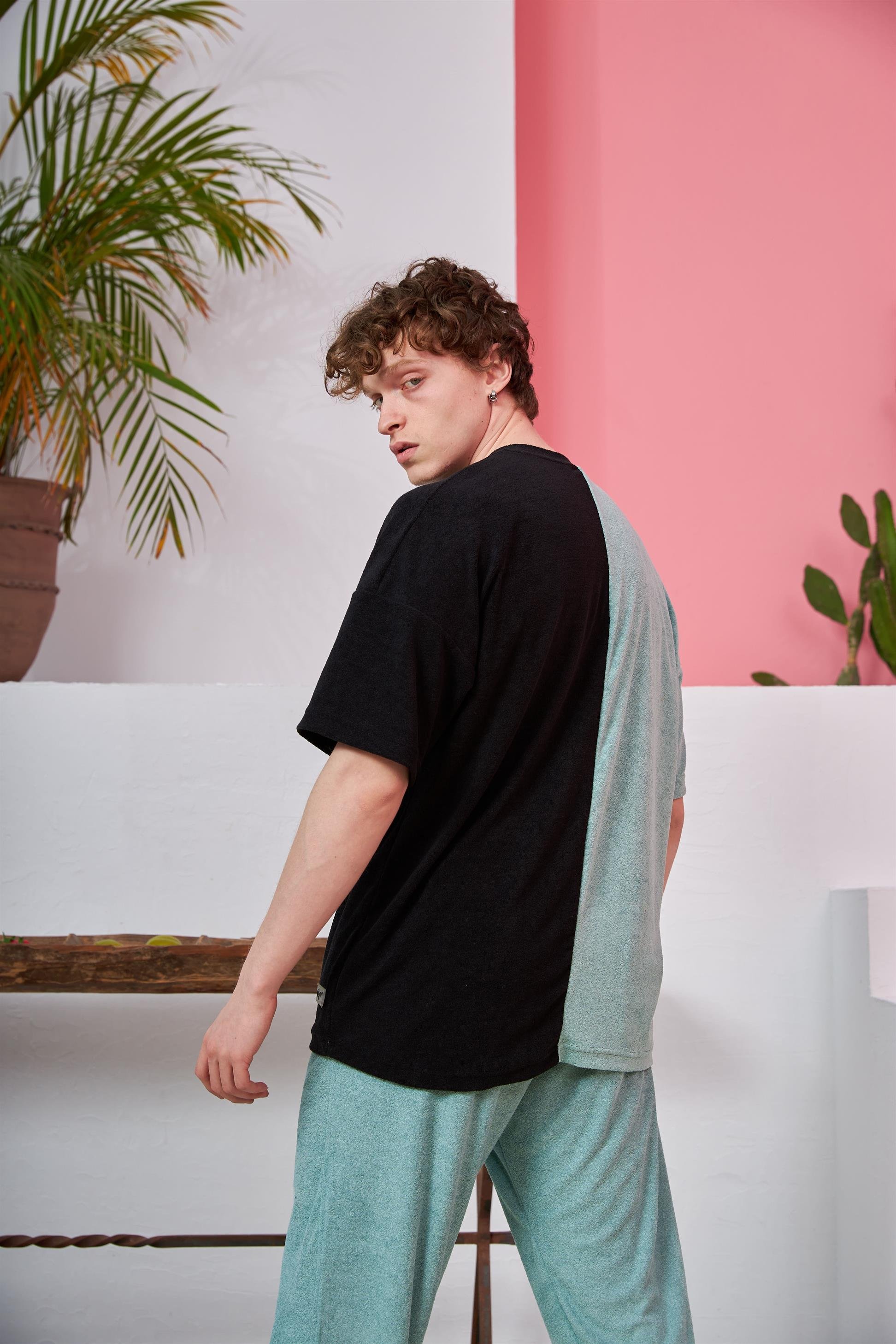 R-5565 İki Renkli Oversize Havlu Kumaş T-shirt
