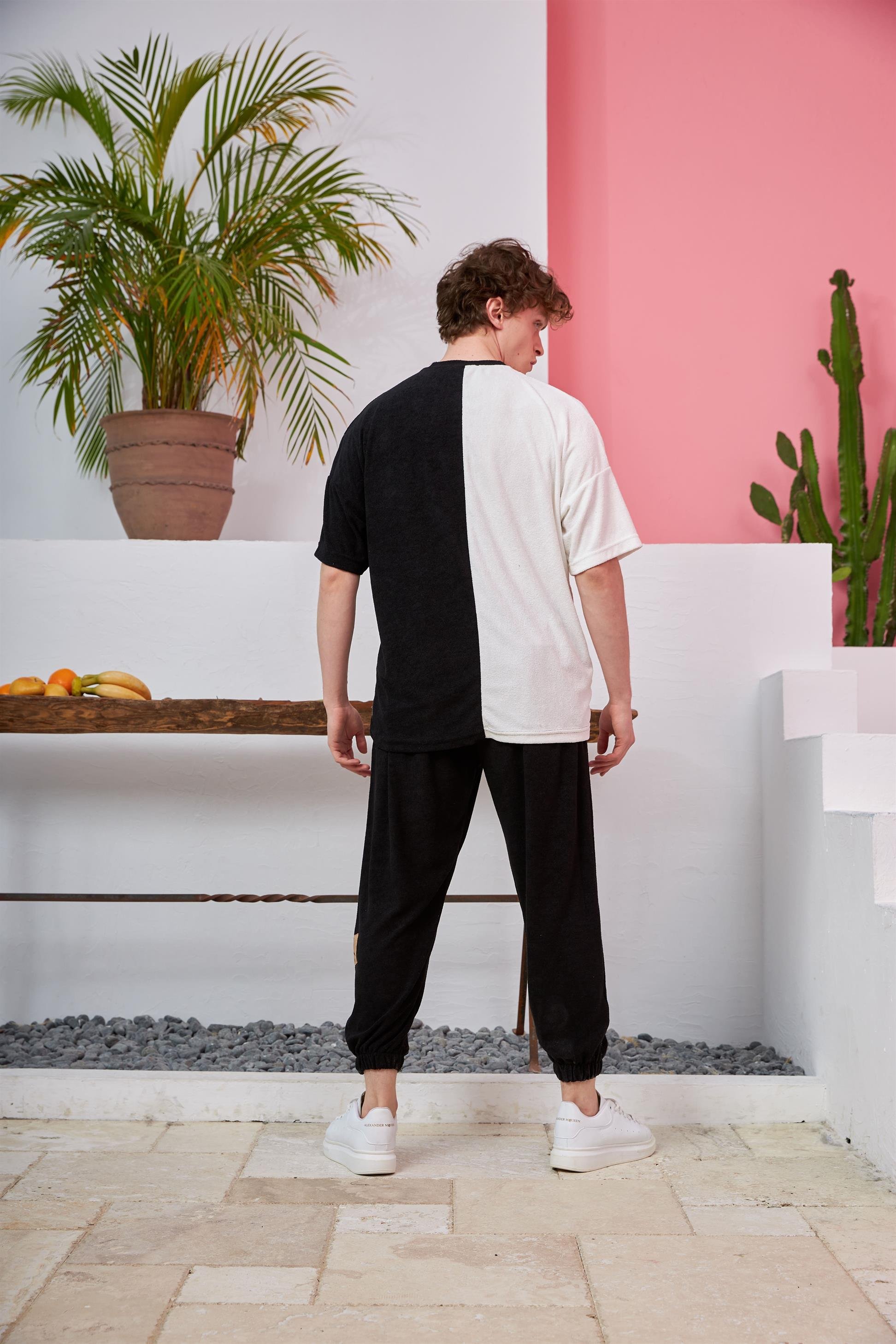 R-5565 İki Renkli Oversize Havlu Kumaş T-shirt