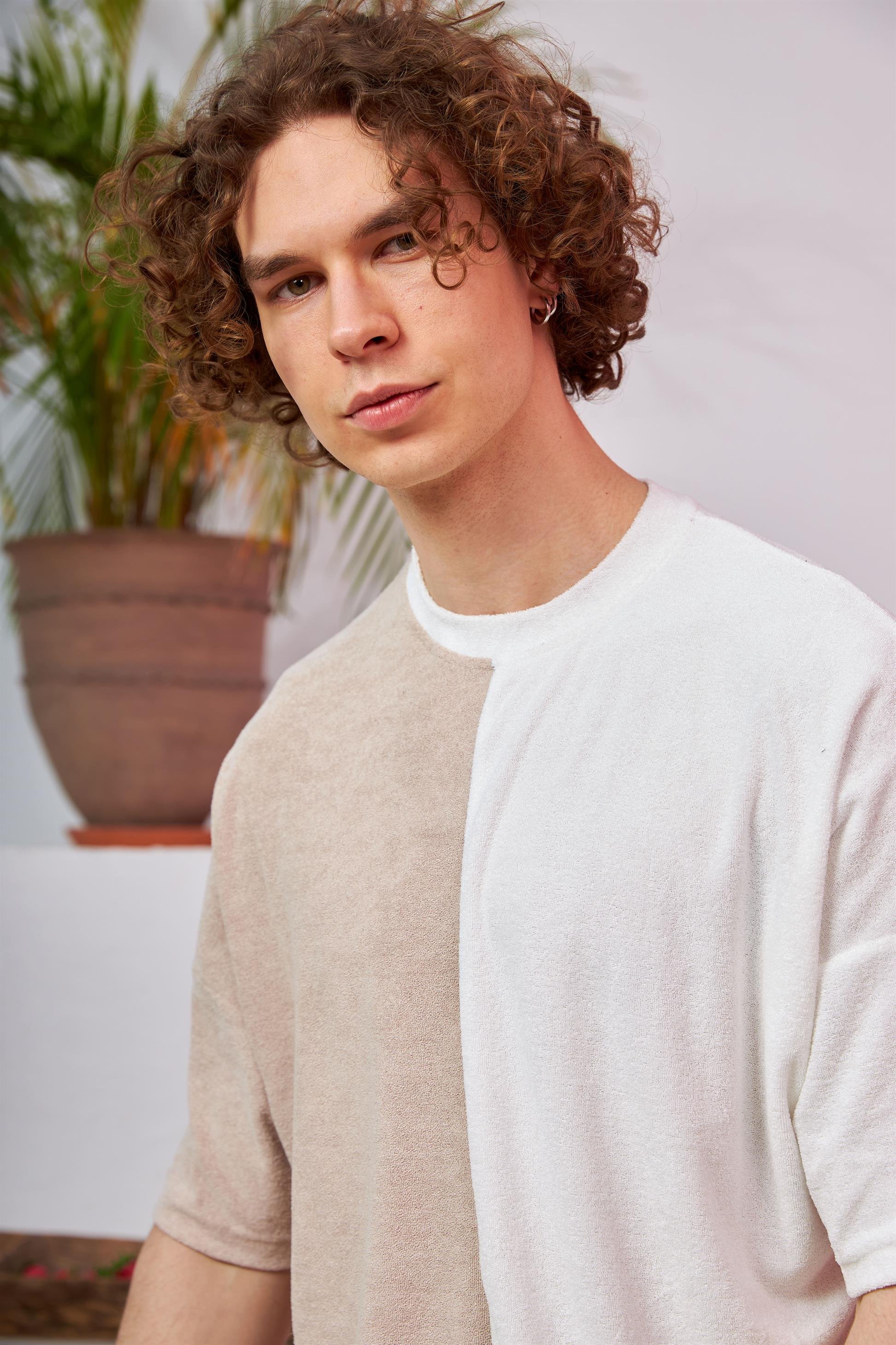 R-5565 İki Renkli Oversize Havlu Kumaş T-shirt
