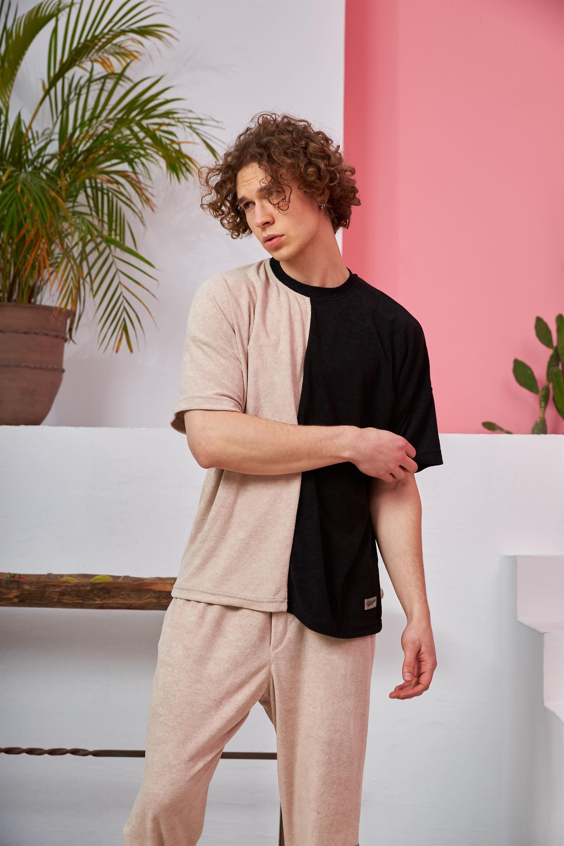 R-5565 İki Renkli Oversize Havlu Kumaş T-shirt