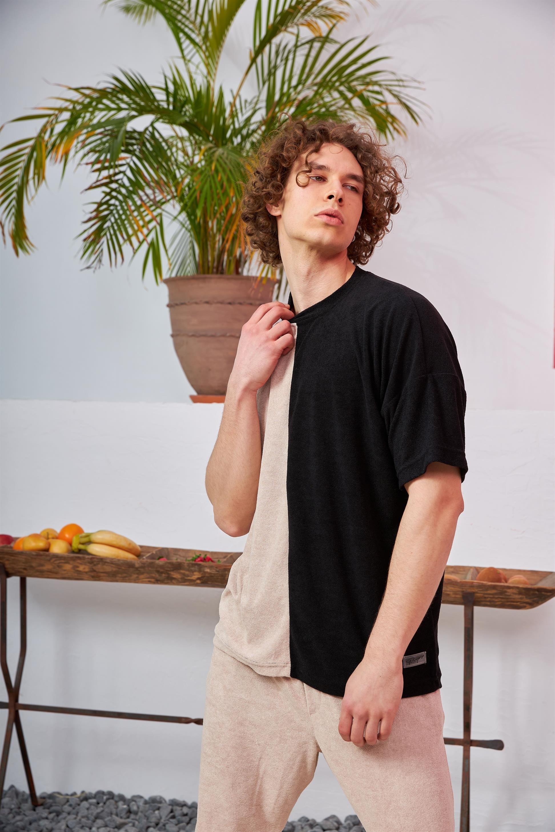 R-5565 İki Renkli Oversize Havlu Kumaş T-shirt