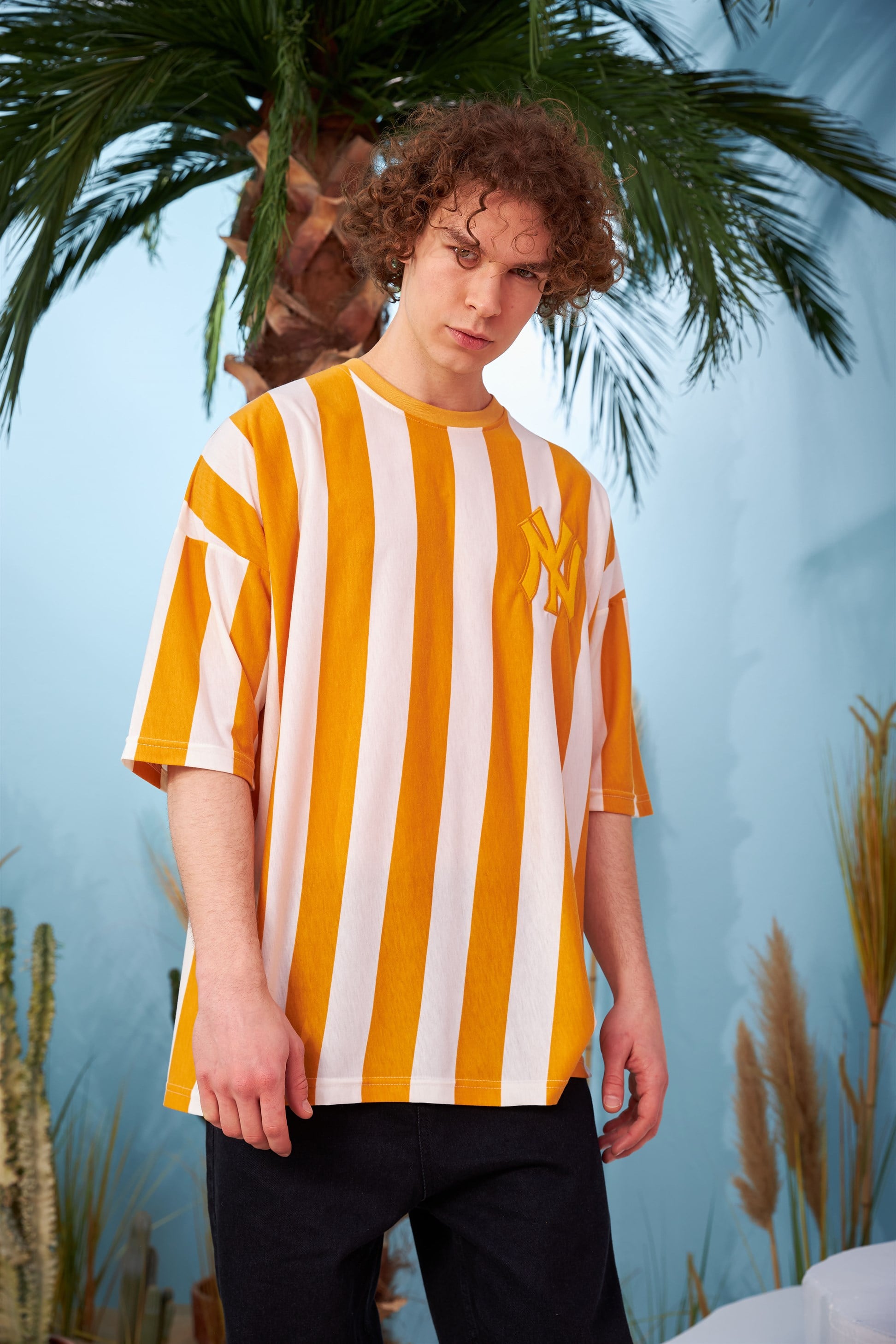 R-5567 Boyuna Kalın Çizgili  Oversize T-shirt