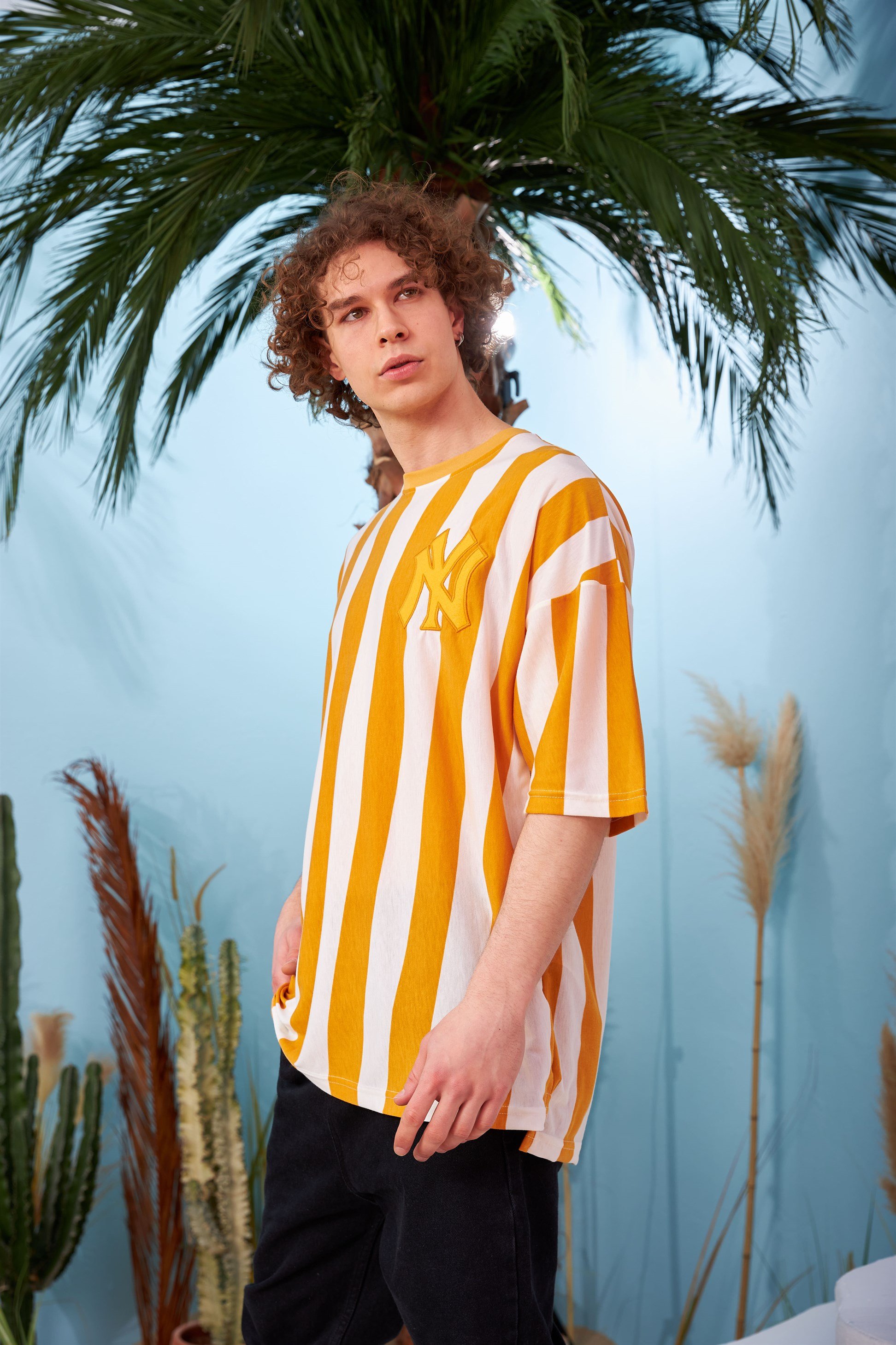 R-5567 Boyuna Kalın Çizgili  Oversize T-shirt