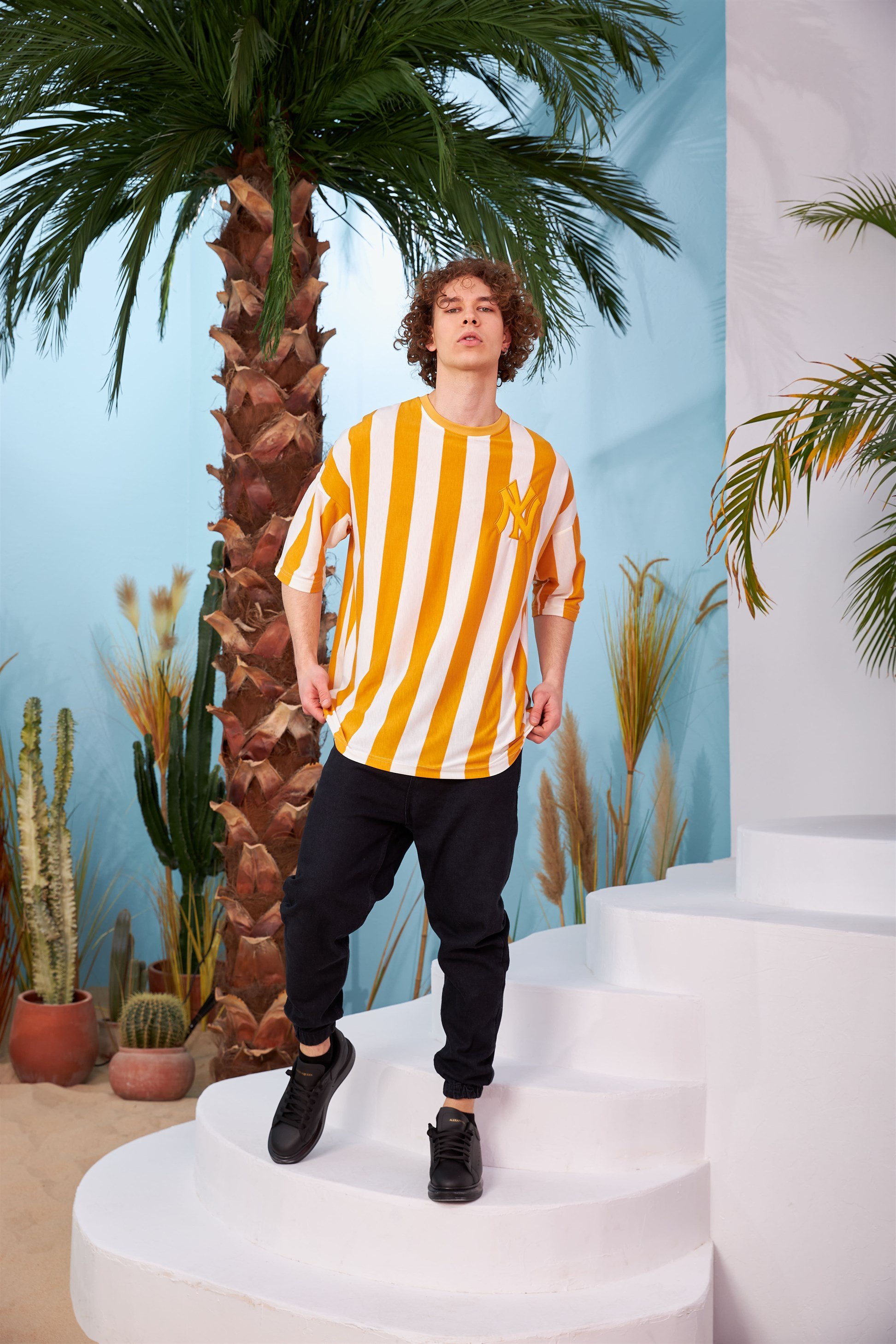 R-5567 Boyuna Kalın Çizgili  Oversize T-shirt