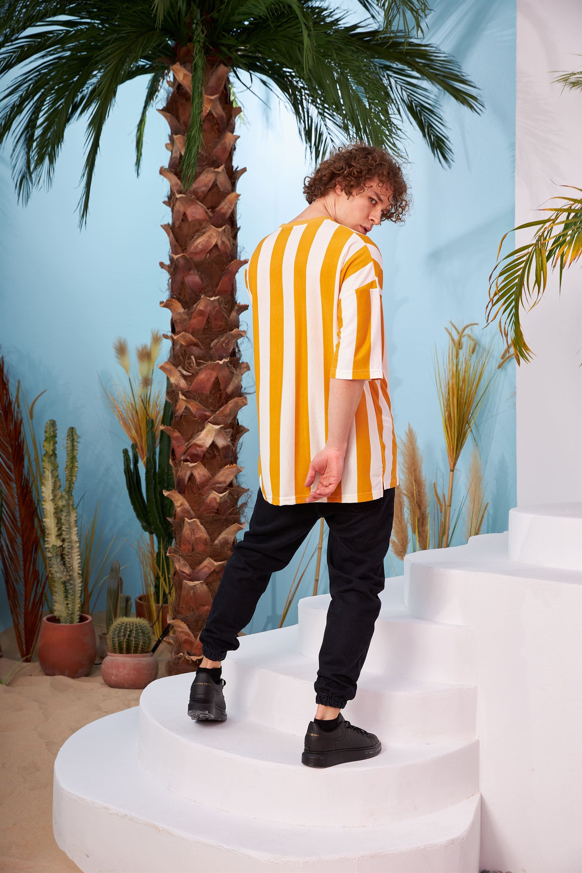 R-5567 Boyuna Kalın Çizgili  Oversize T-shirt
