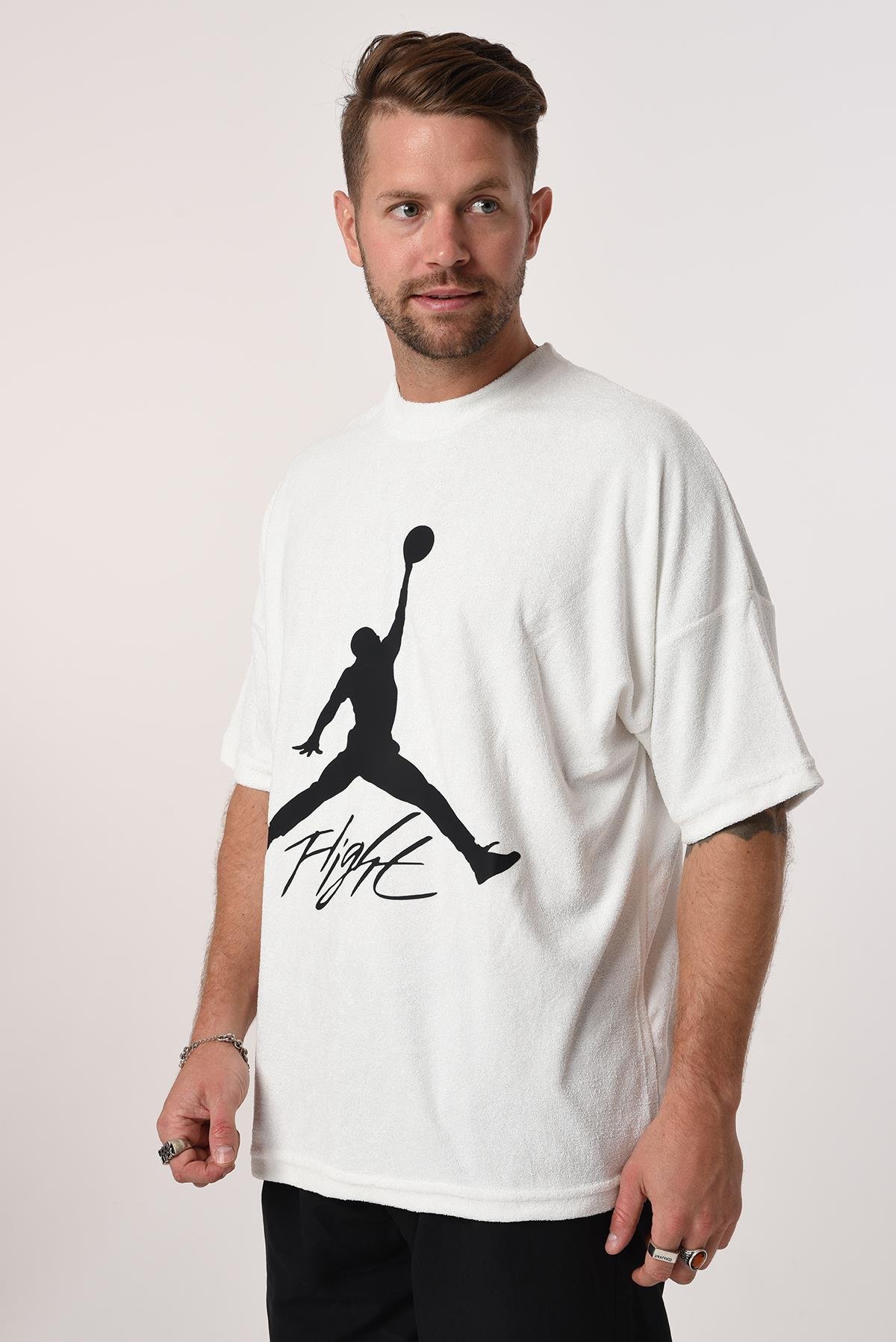 R-5573 Oversize Jordan Baskılı Havlu Tshirt