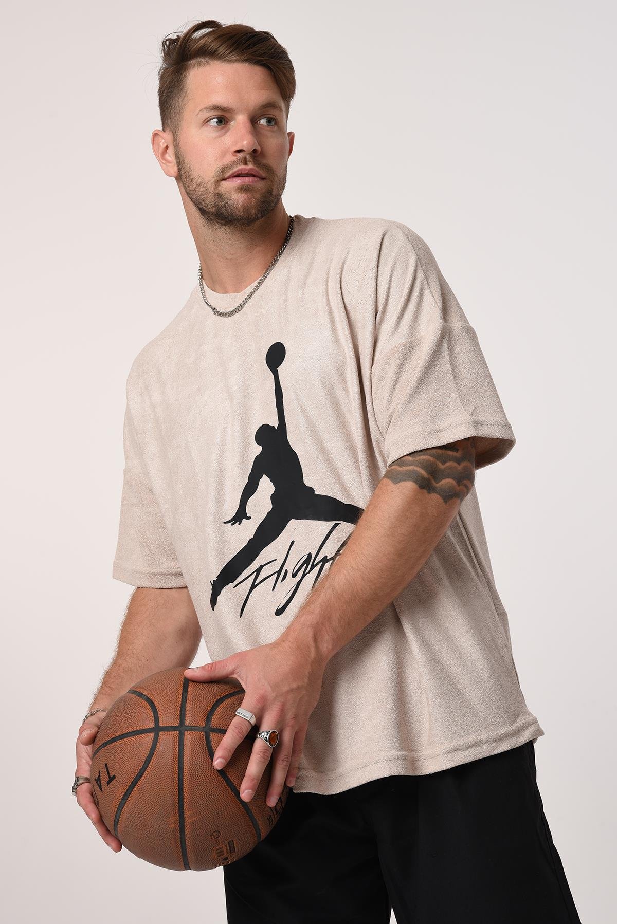 R-5573 Oversize Jordan Baskılı Havlu Tshirt