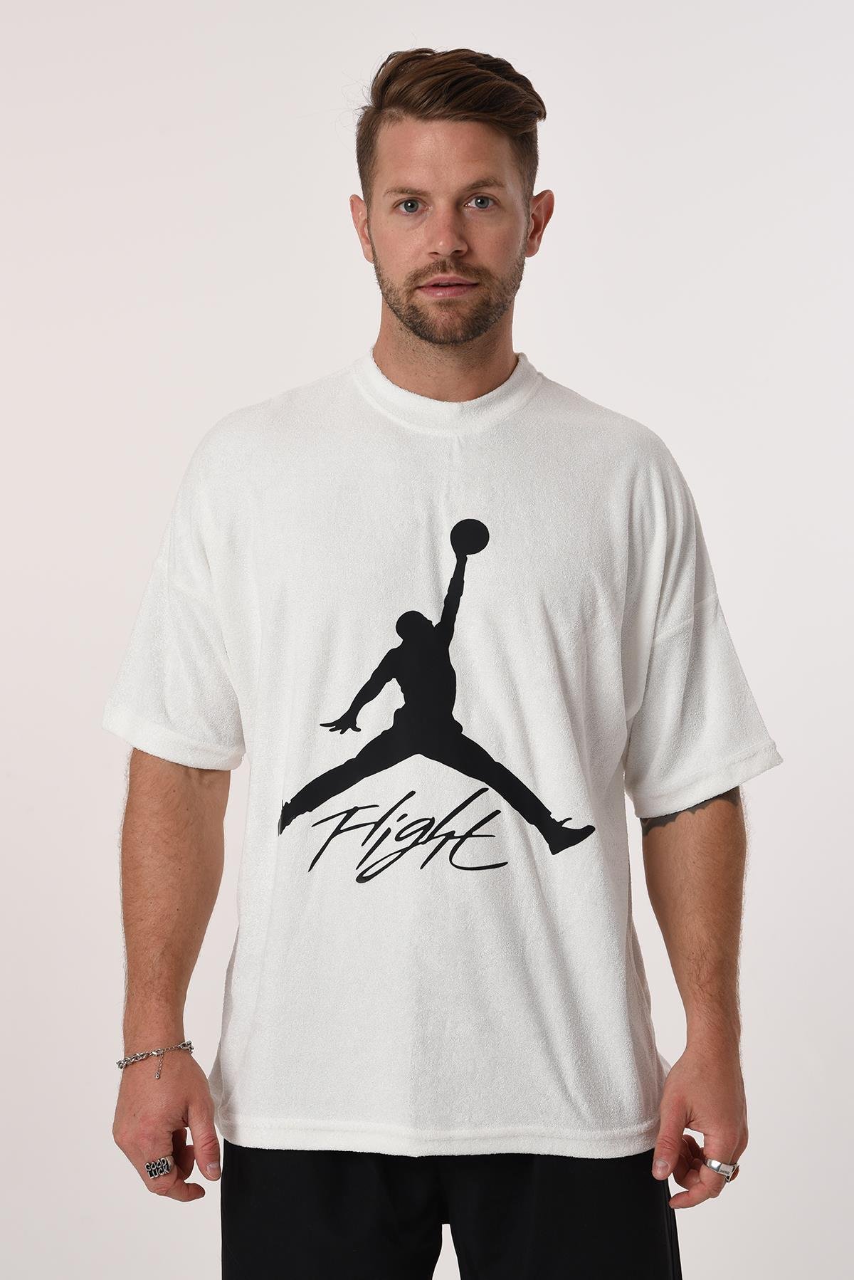 R-5573 Oversize Jordan Baskılı Havlu Tshirt