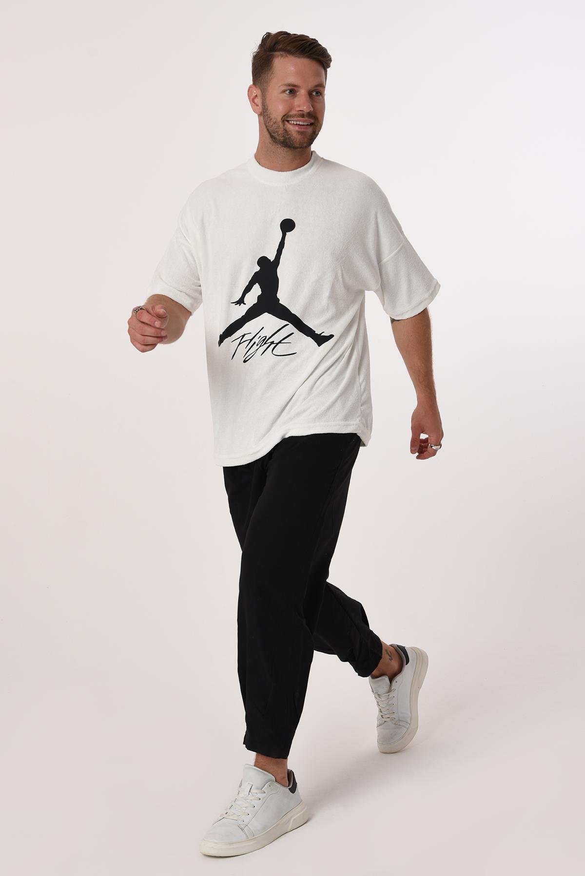 R-5573 Oversize Jordan Baskılı Havlu Tshirt