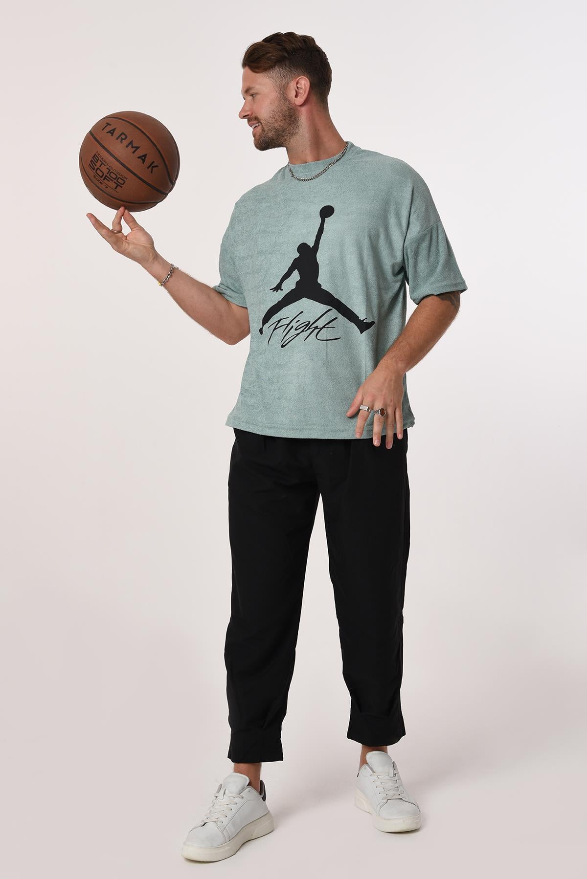 R-5573 Oversize Jordan Baskılı Havlu Tshirt
