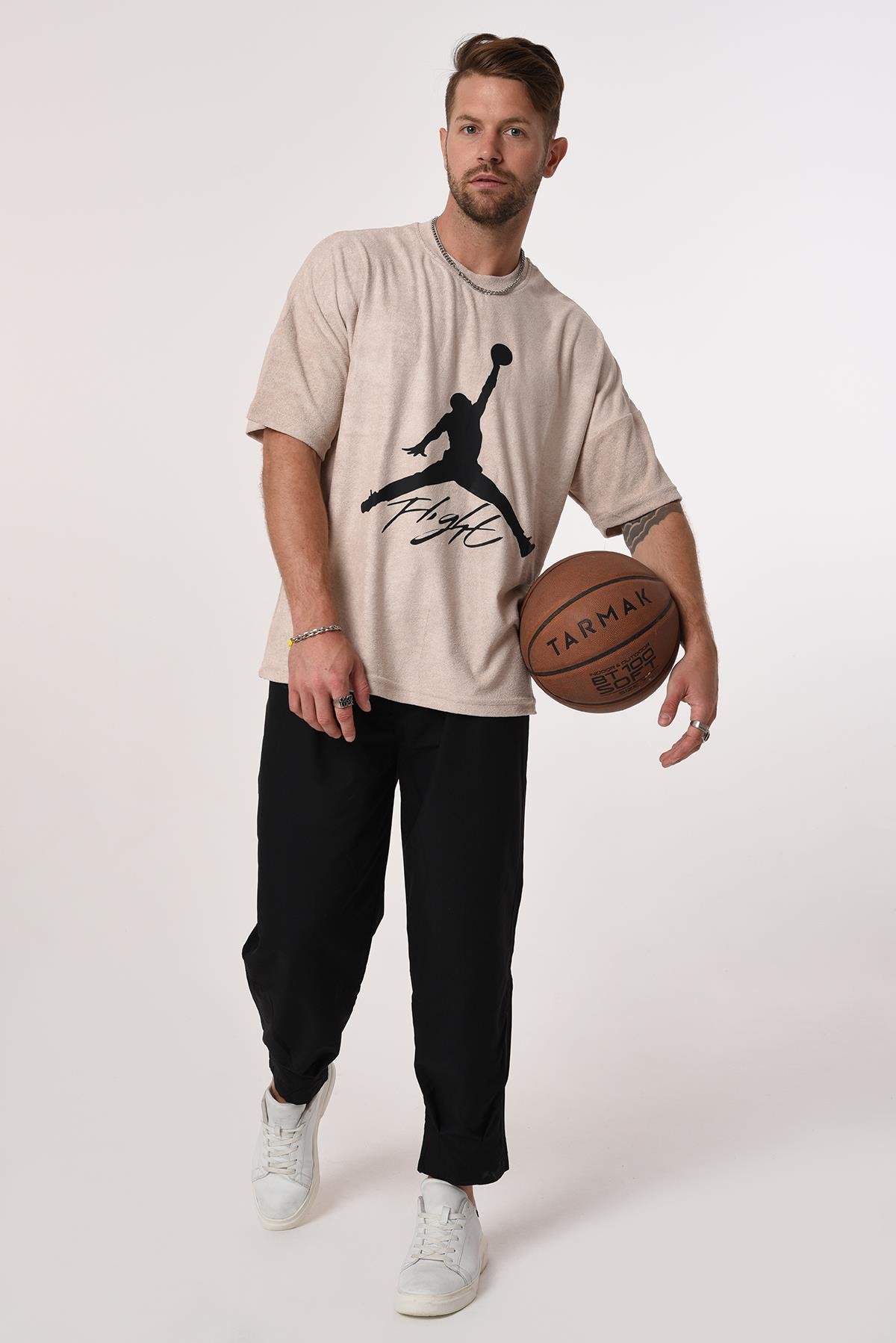 R-5573 Oversize Jordan Baskılı Havlu Tshirt