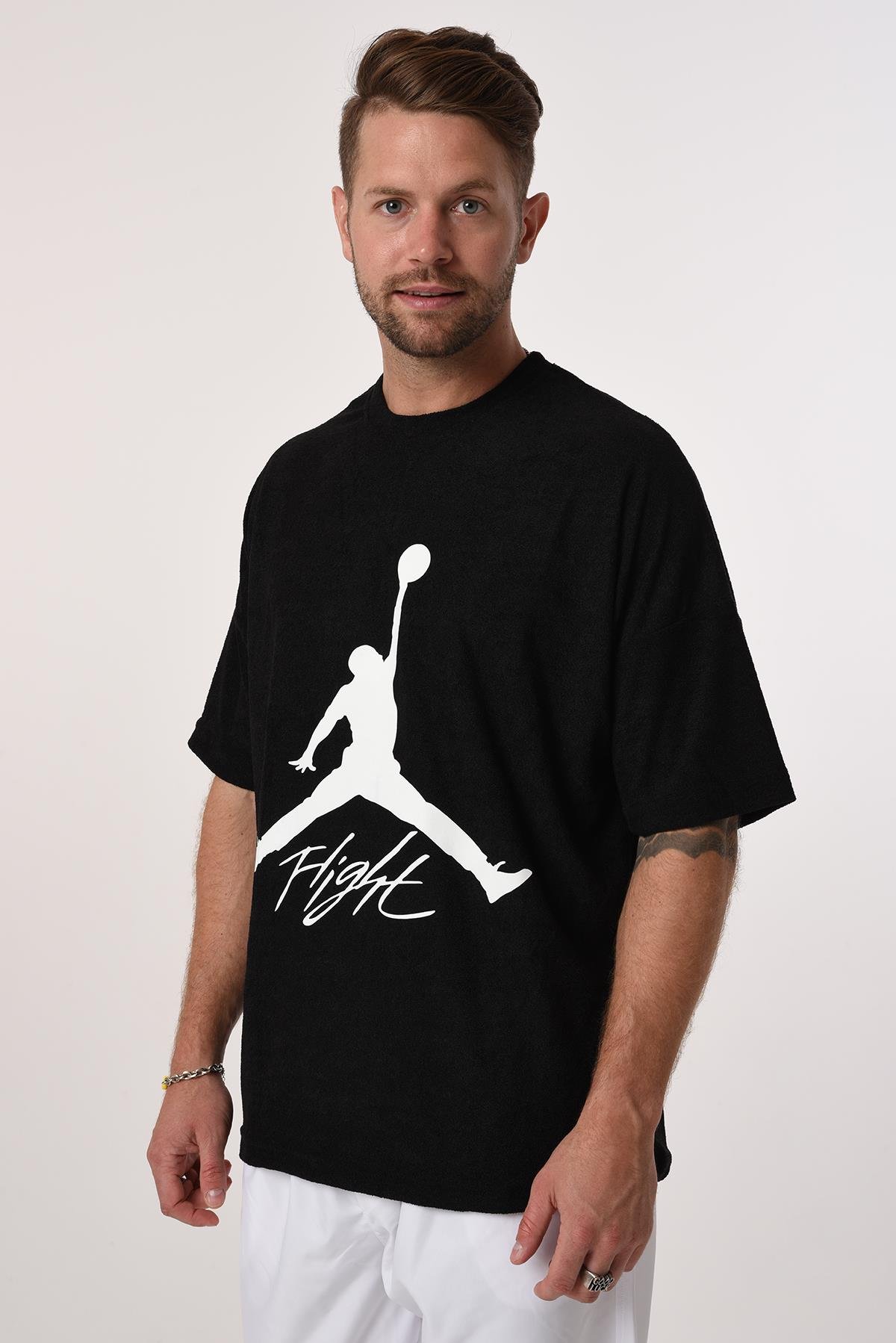 R-5573 Oversize Jordan Baskılı Havlu Tshirt
