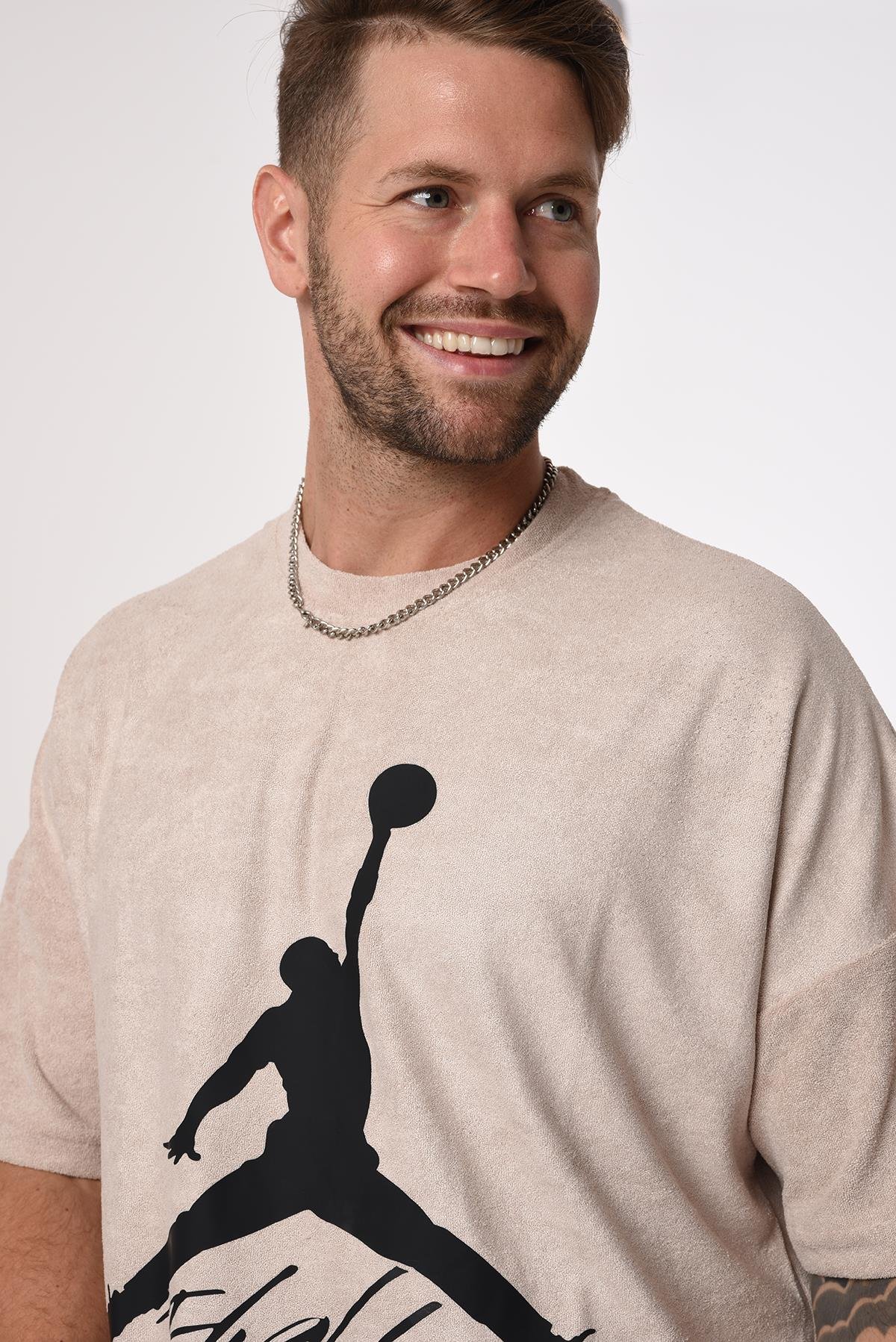 R-5573 Oversize Jordan Baskılı Havlu Tshirt