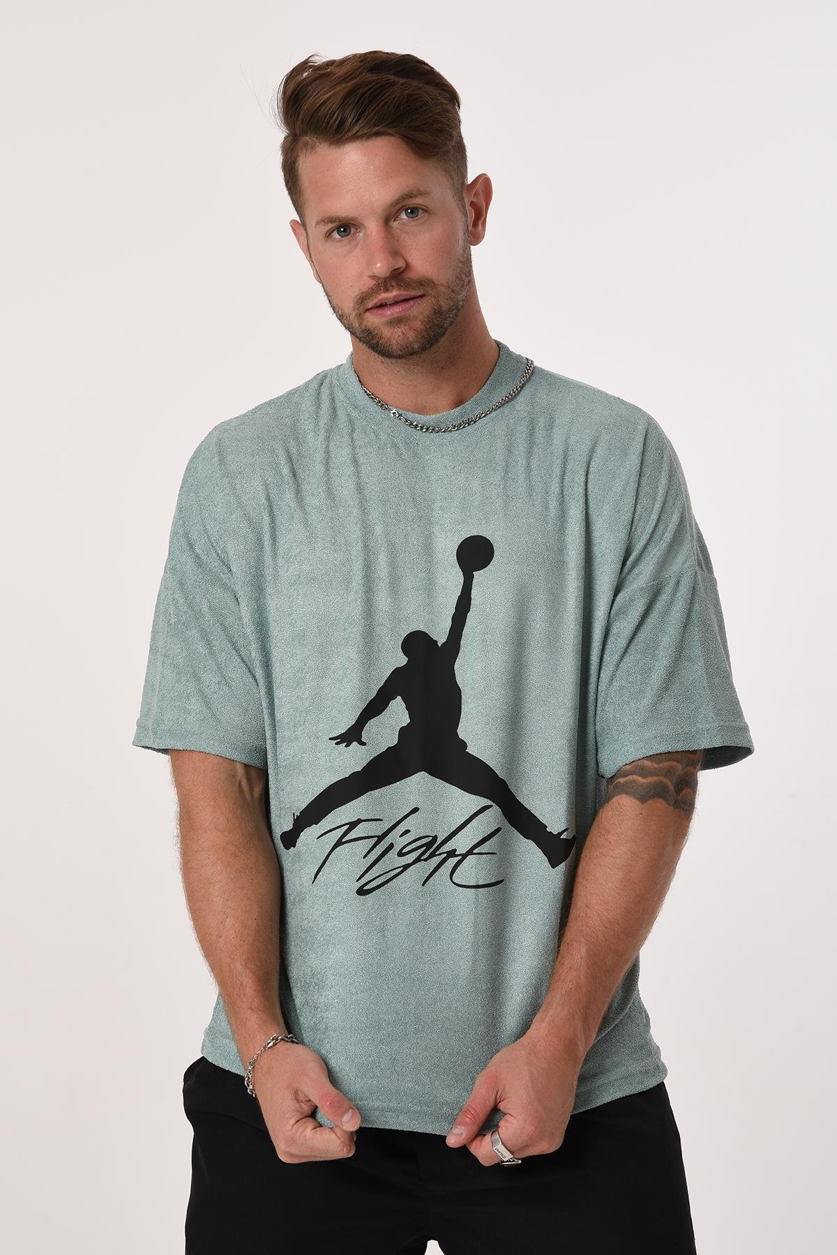 R-5573 Oversize Jordan Baskılı Havlu Tshirt