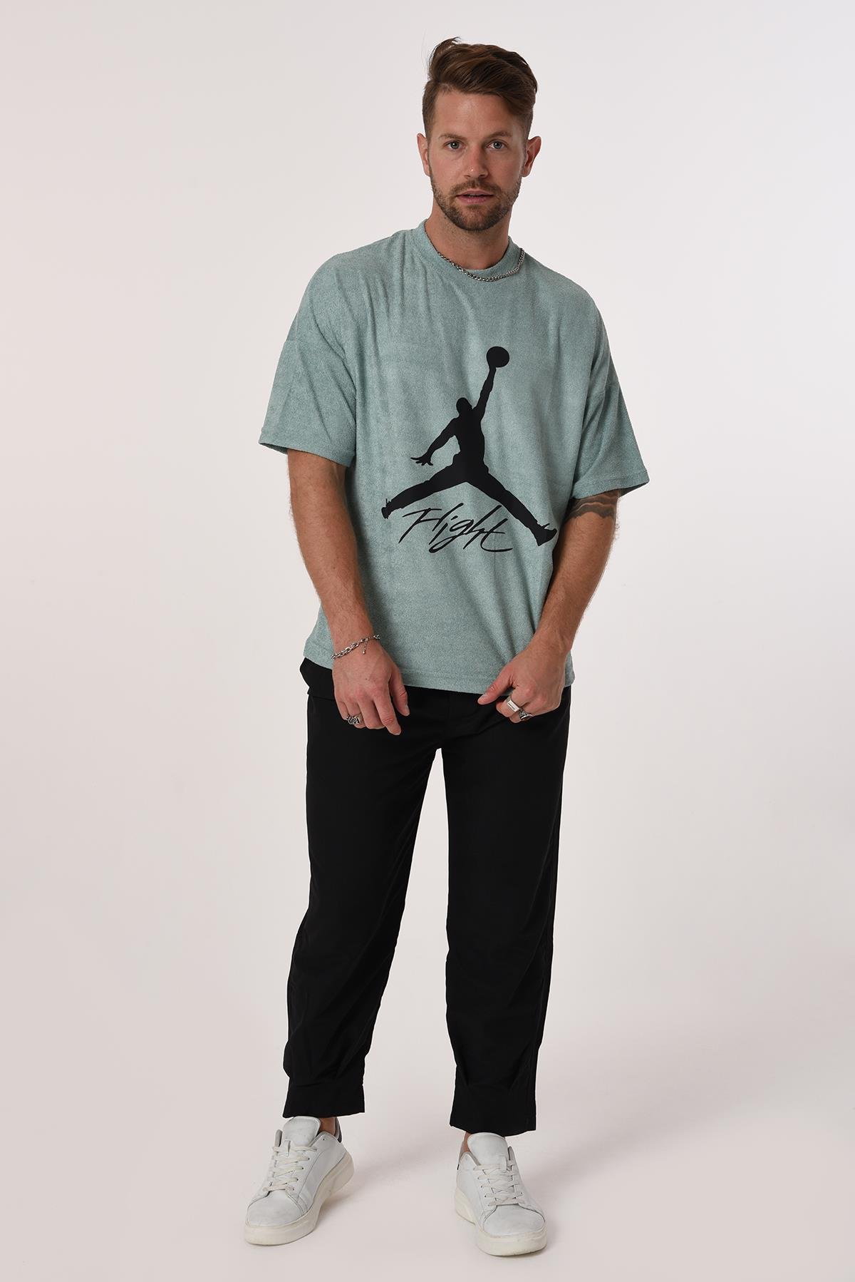 R-5573 Oversize Jordan Baskılı Havlu Tshirt