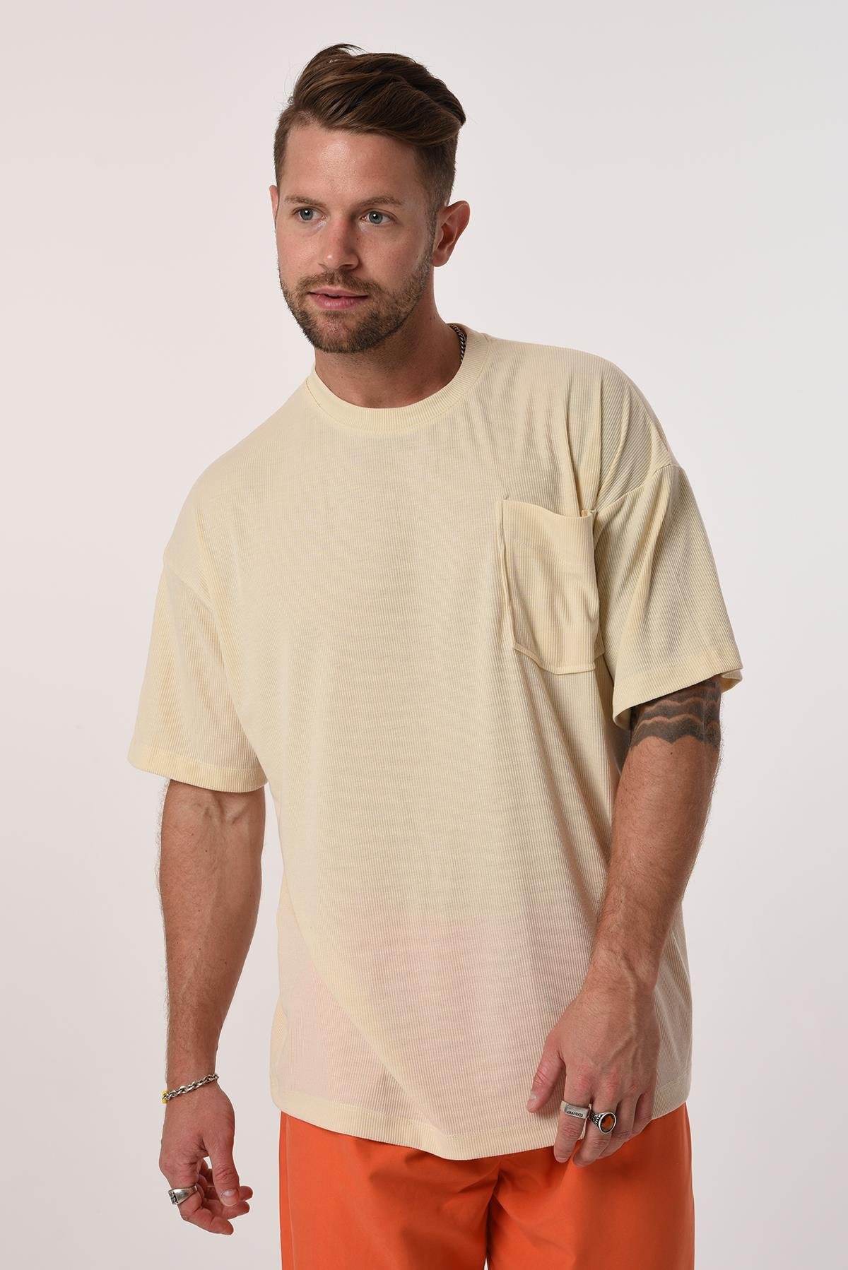 R-5610 Bisiklet Yaka Tek Cep Oversize Kaşkorse Tişört