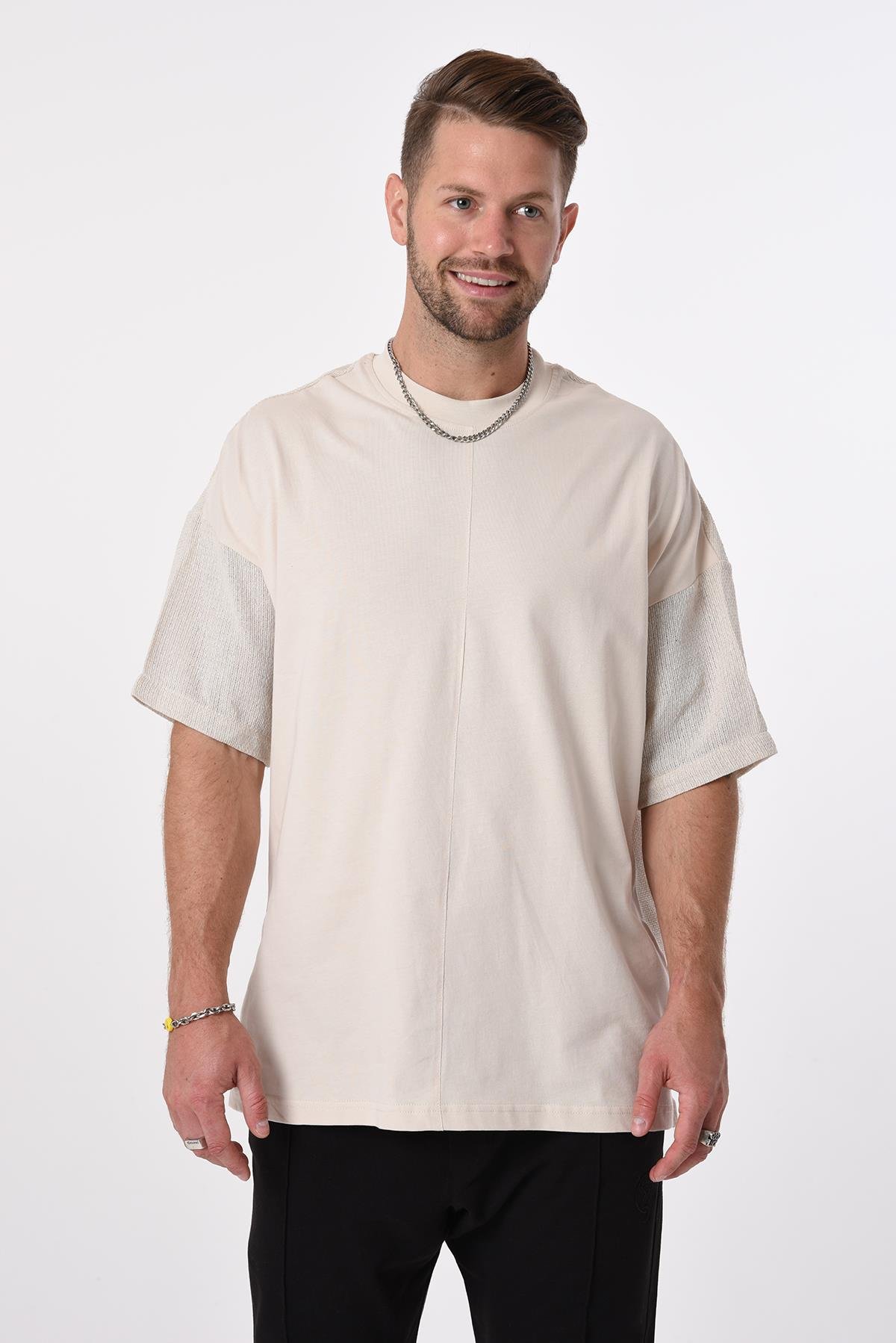 R-5619 Önü Penye Kolu Ve Arkası Keten Tshirt