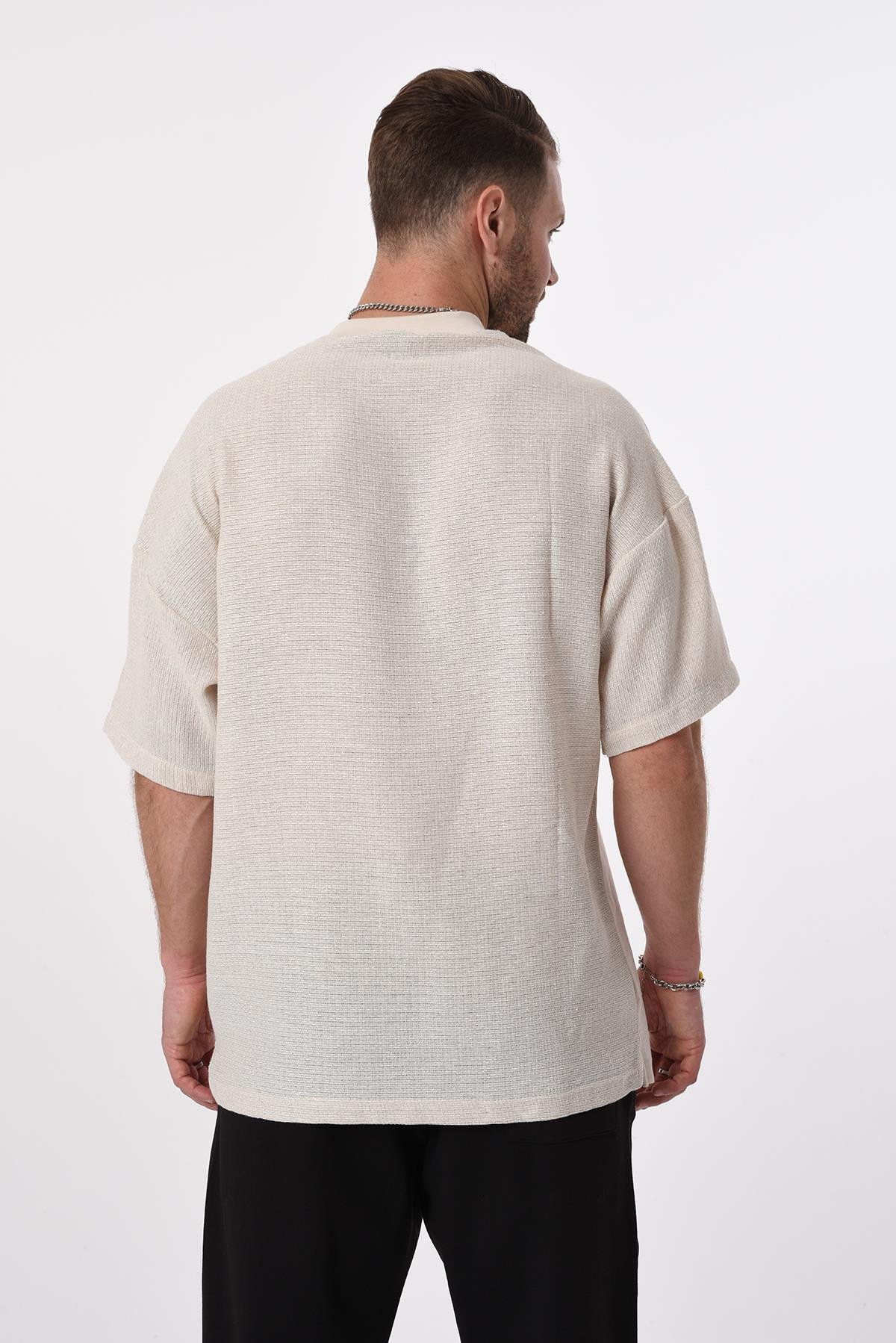 R-5619 Önü Penye Kolu Ve Arkası Keten Tshirt