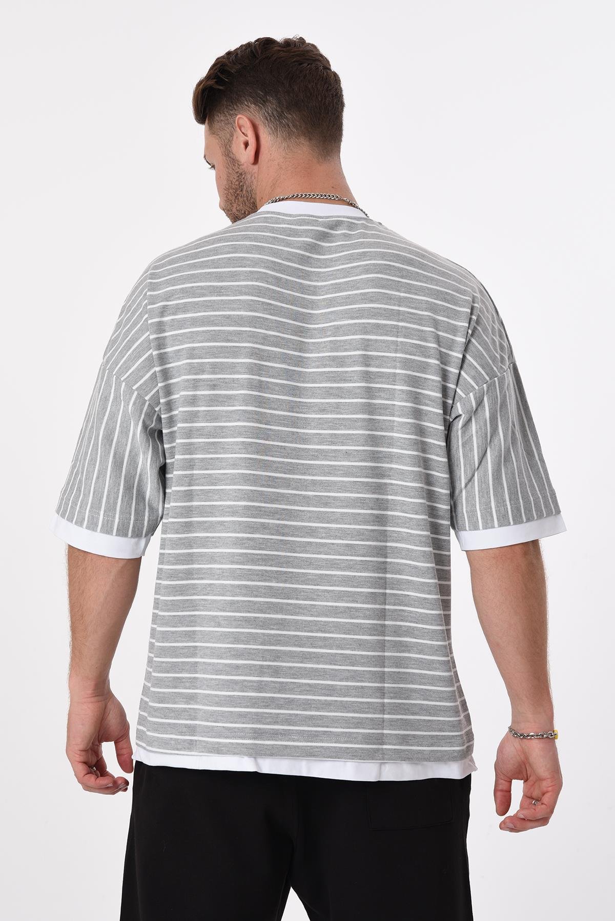 R-5620 Kol Ucu Eteği Garnili Enine Çizgili Oversize Tshirt
