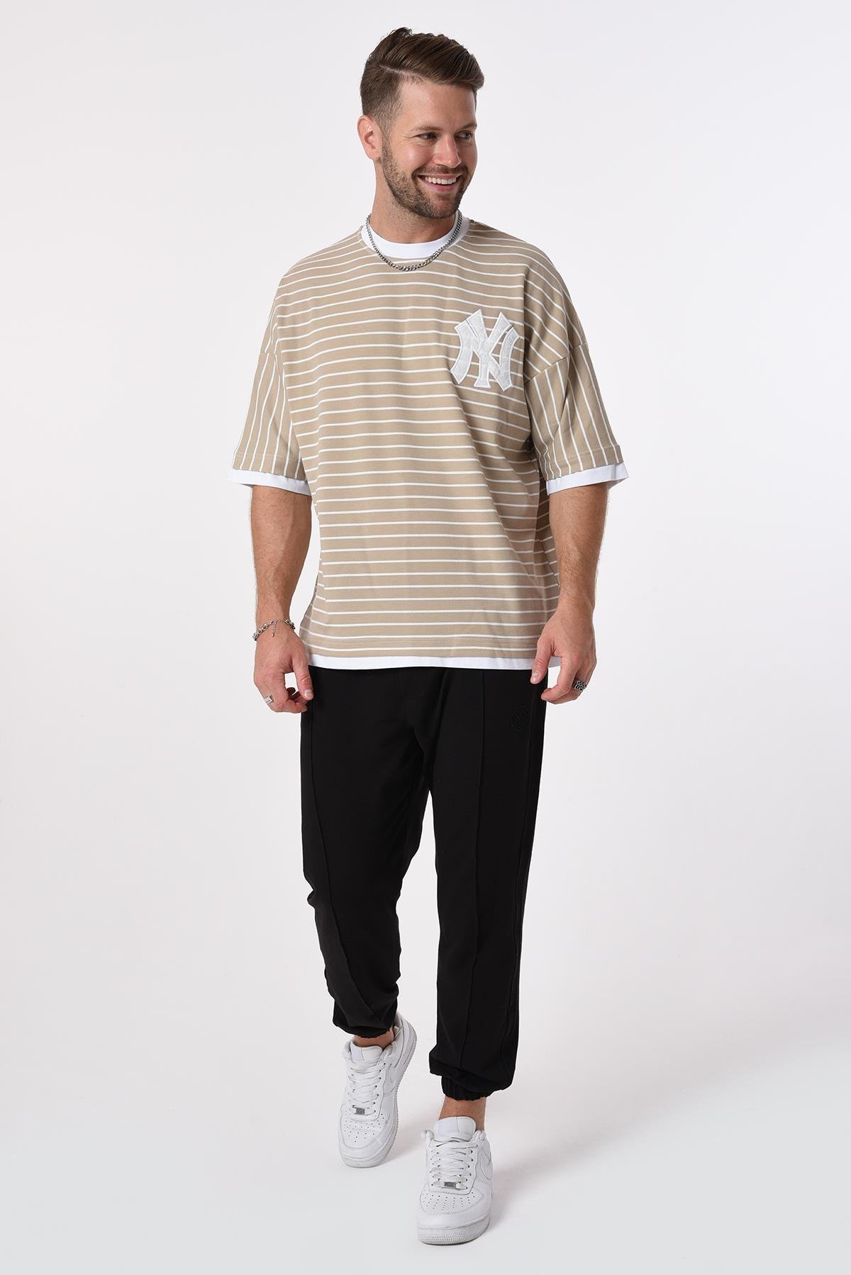 R-5620 Kol Ucu Eteği Garnili Enine Çizgili Oversize Tshirt