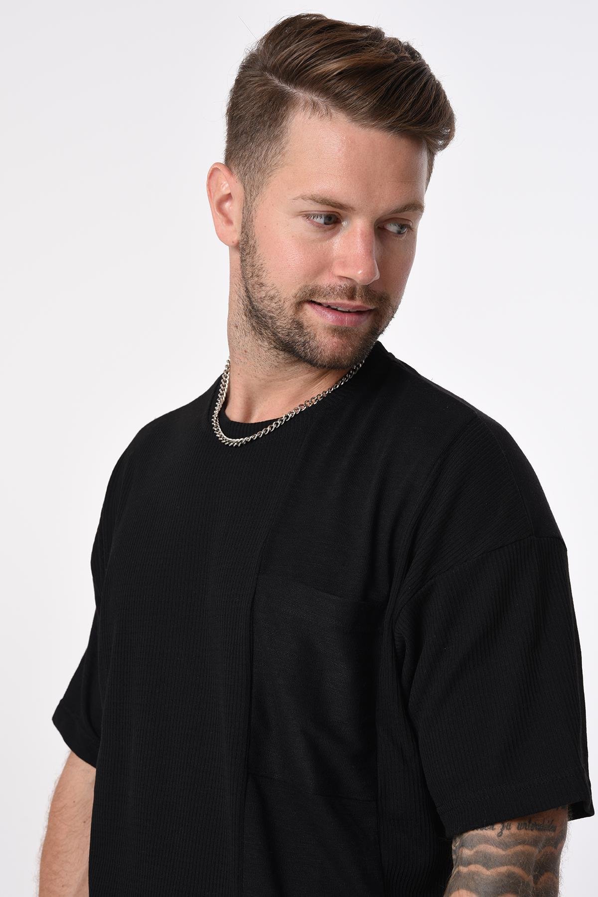 R-5632 Tek Cepli Garnili Bisiklet Yaka Yanı Yırtmaçlı Kısa Kol T-shirt