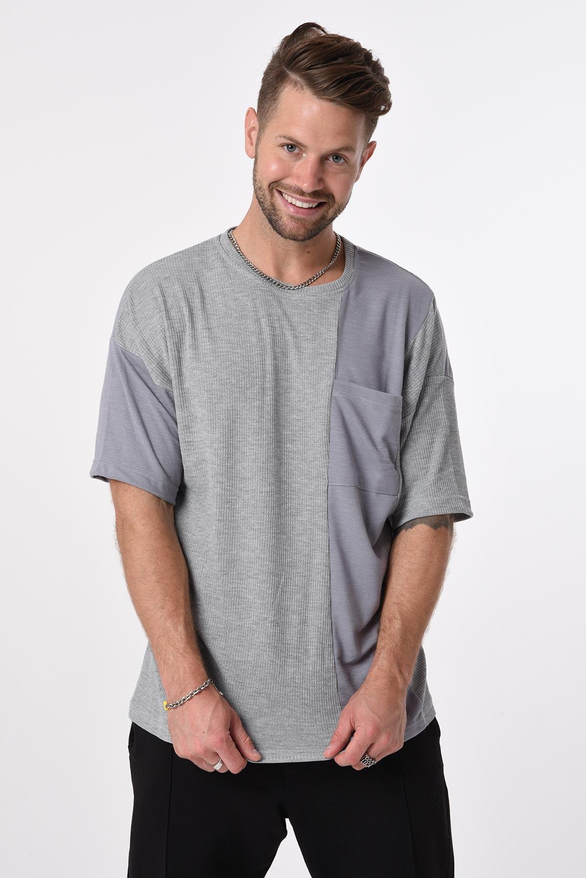 R-5632 Tek Cepli Garnili Bisiklet Yaka Yanı Yırtmaçlı Kısa Kol T-shirt