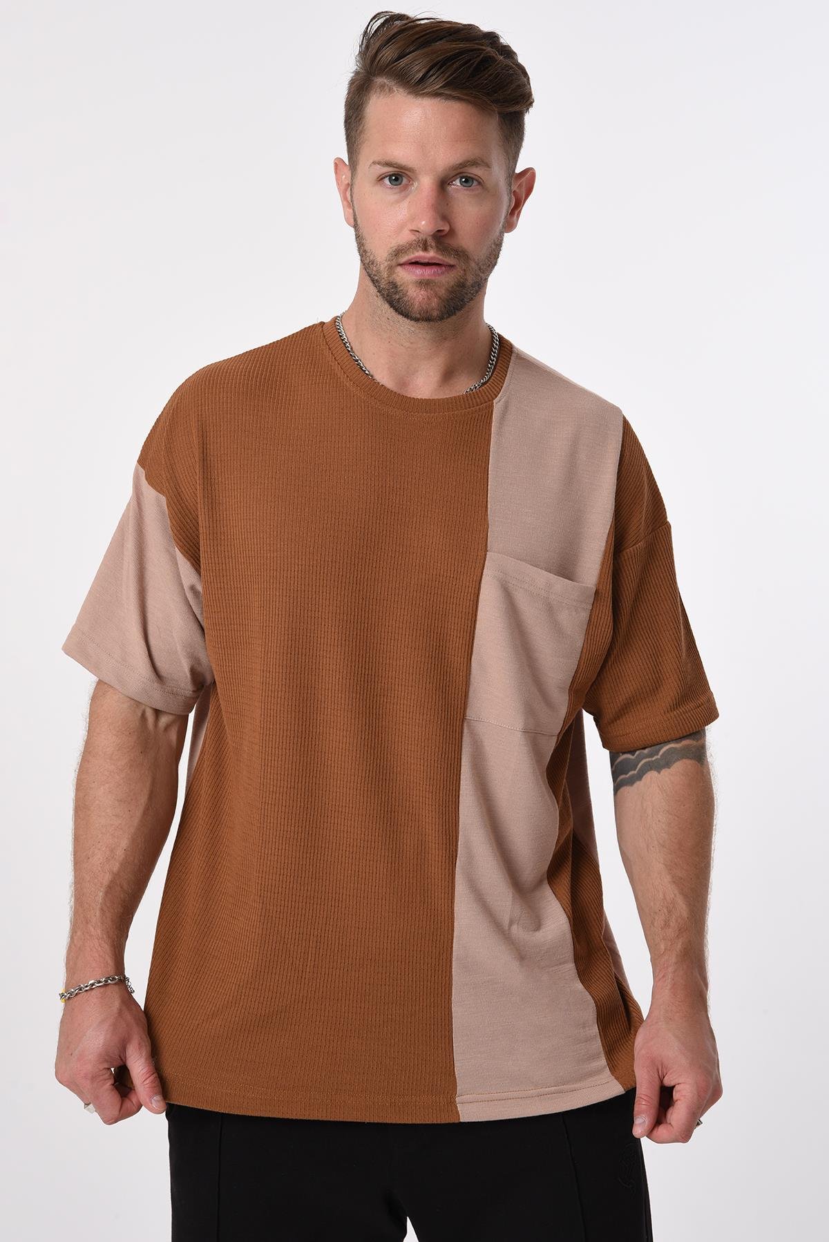 R-5632 Tek Cepli Garnili Bisiklet Yaka Yanı Yırtmaçlı Kısa Kol T-shirt