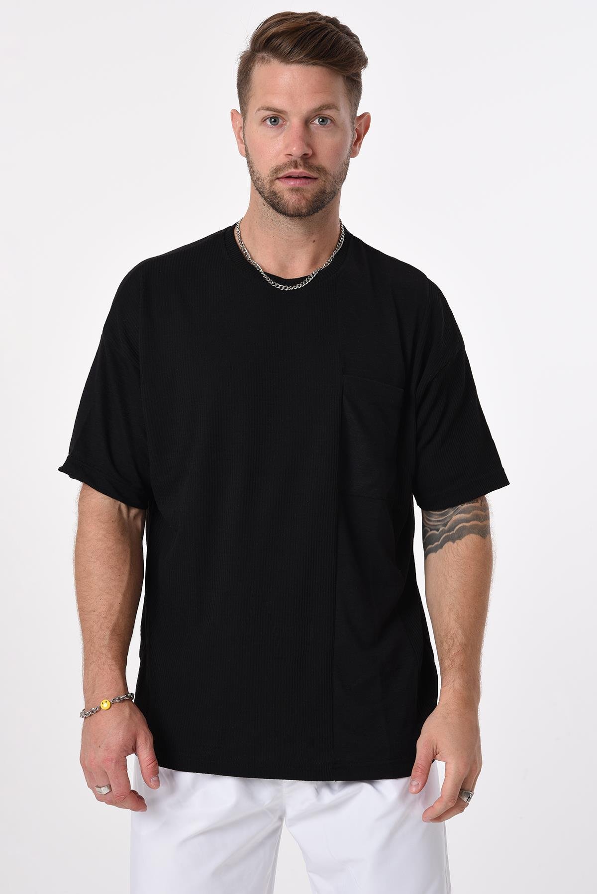R-5632 Tek Cepli Garnili Bisiklet Yaka Yanı Yırtmaçlı Kısa Kol T-shirt