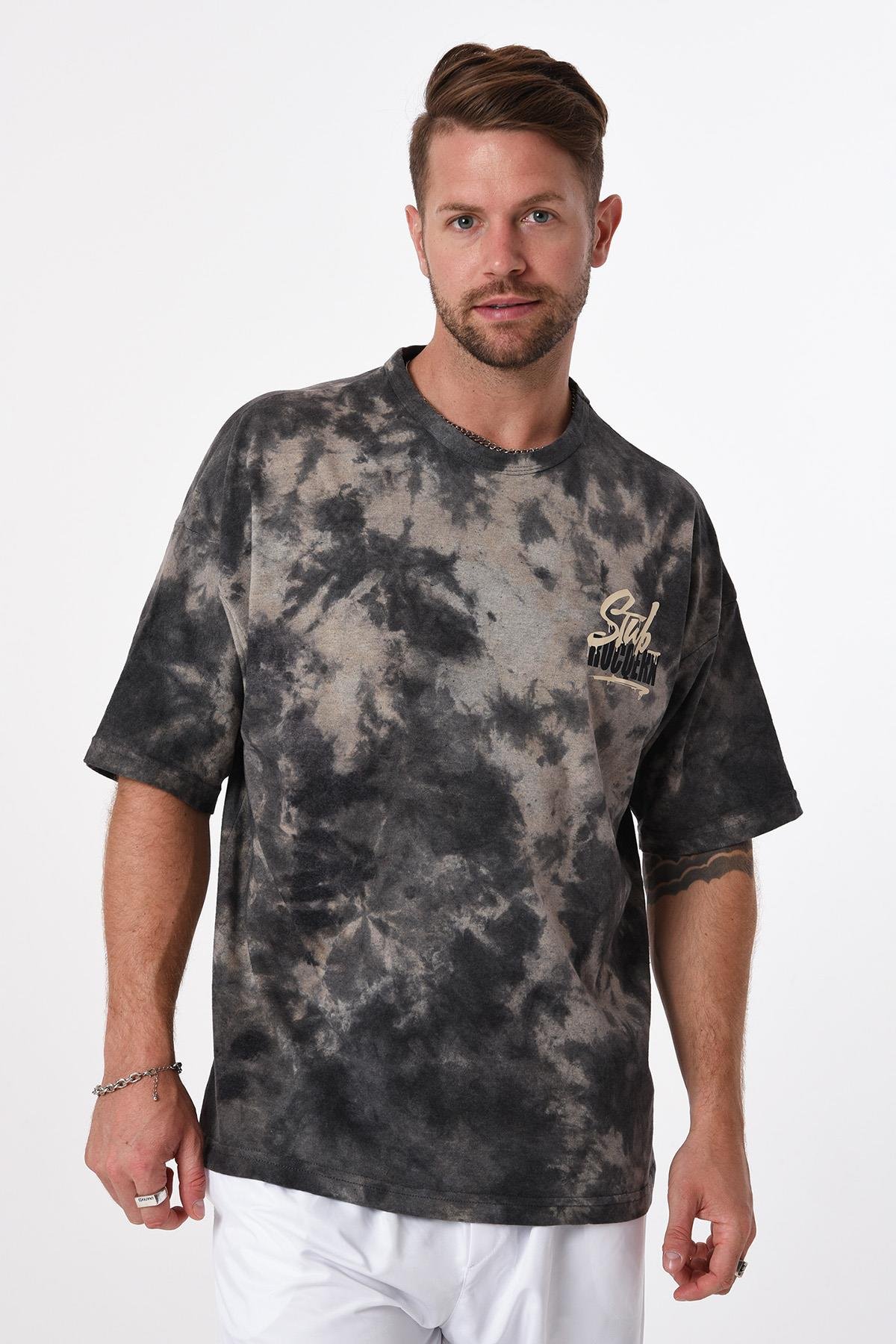 R-5654 Bisiklet Yaka Stub Rocqerx Baskılı Batik T-shırt