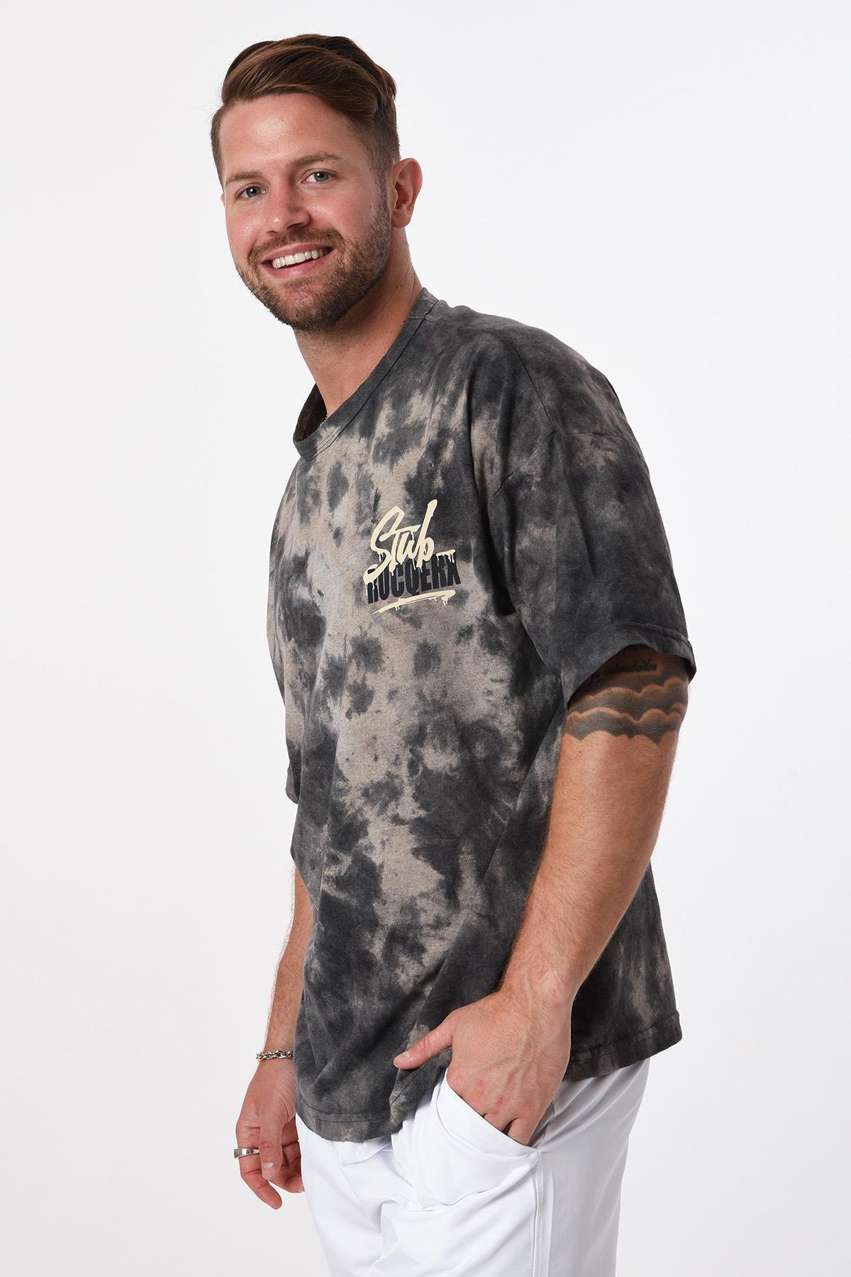 R-5654 Bisiklet Yaka Stub Rocqerx Baskılı Batik T-shırt