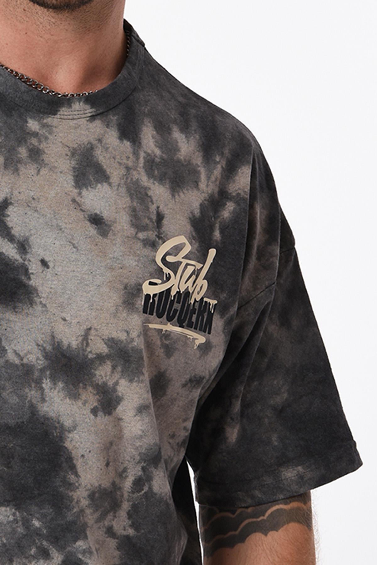 R-5654 Bisiklet Yaka Stub Rocqerx Baskılı Batik T-shırt