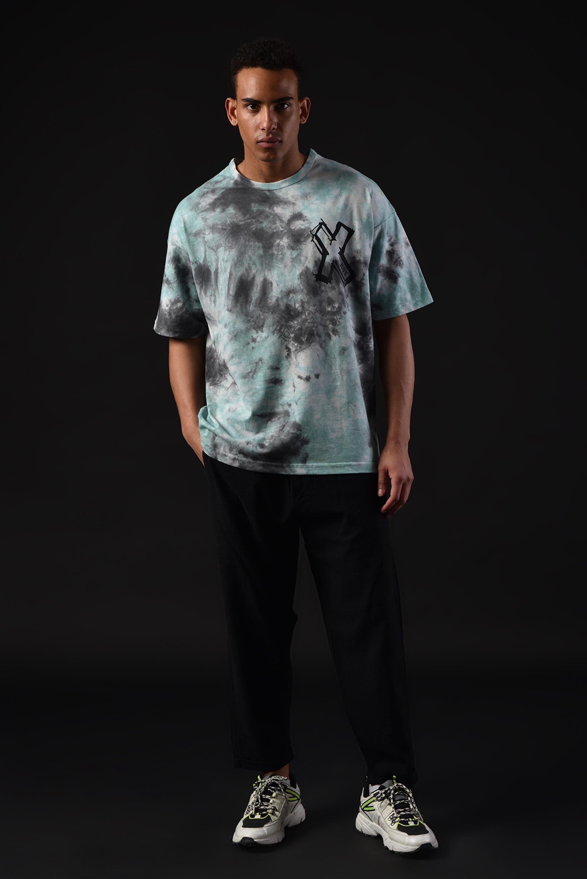 R-5657 Bisiklet Yaka X Baskılı Batik T-shırt