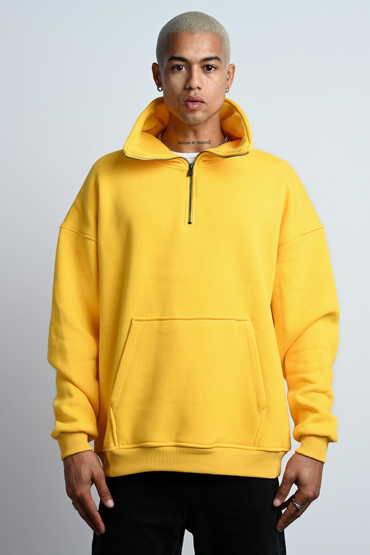 R-5672 Erkek Kanguru Cep Yarım Fermuar Detaylı 3 İplik Sweat