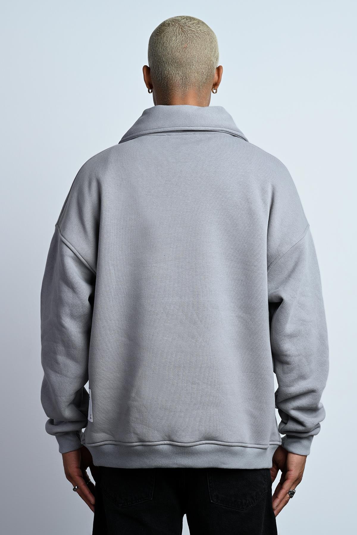 R-5672 Erkek Kanguru Cep Yarım Fermuar Detaylı 3 İplik Sweat