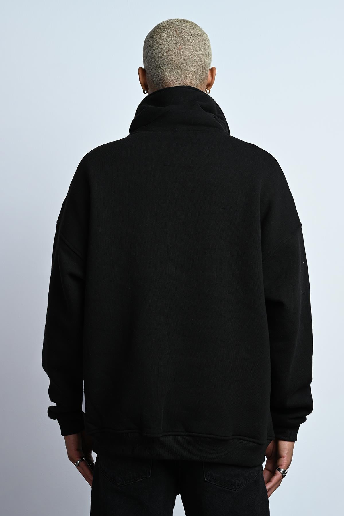 R-5672 Erkek Kanguru Cep Yarım Fermuar Detaylı 3 İplik Sweat