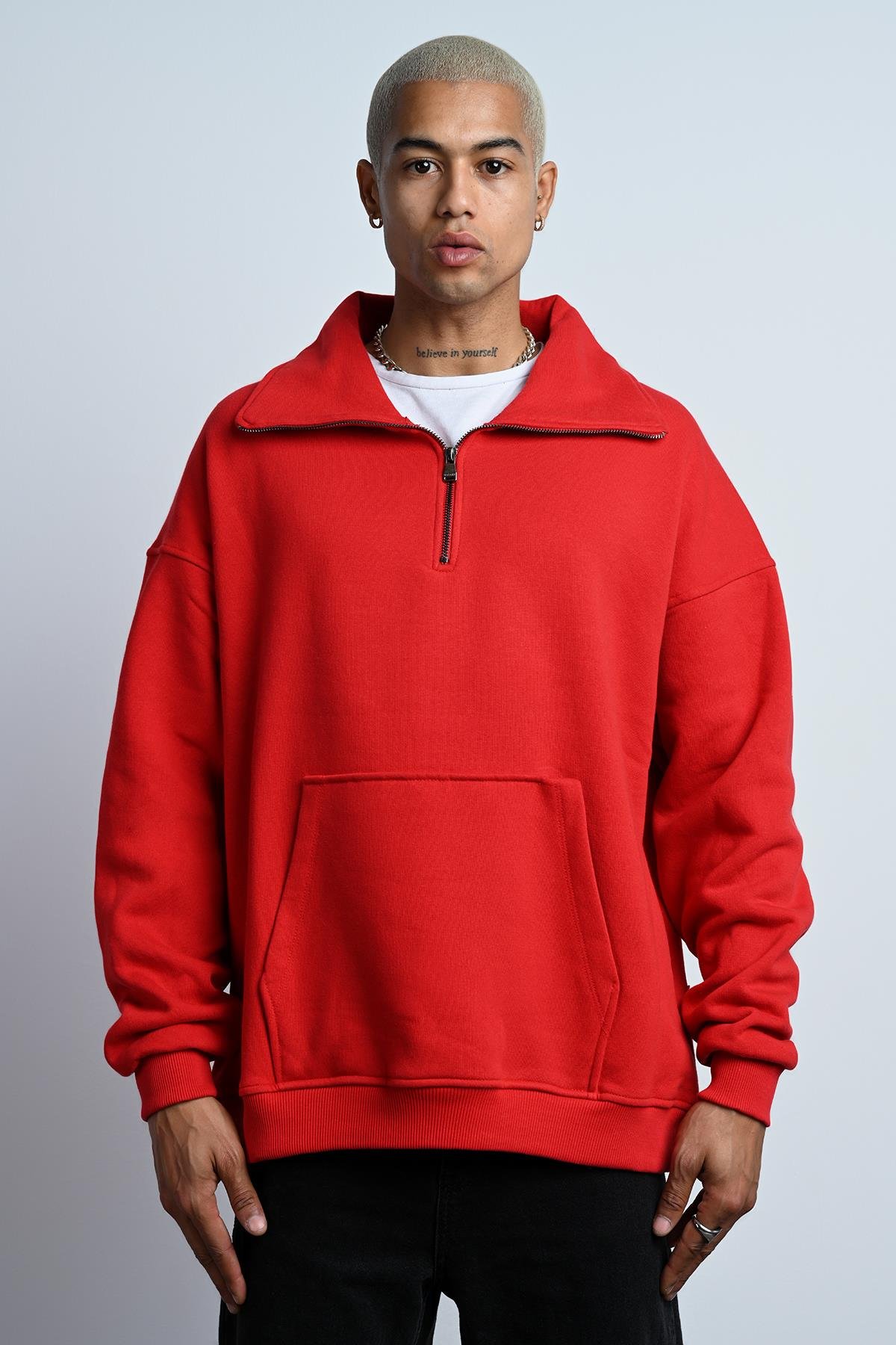 R-5672 Erkek Kanguru Cep Yarım Fermuar Detaylı 3 İplik Sweat